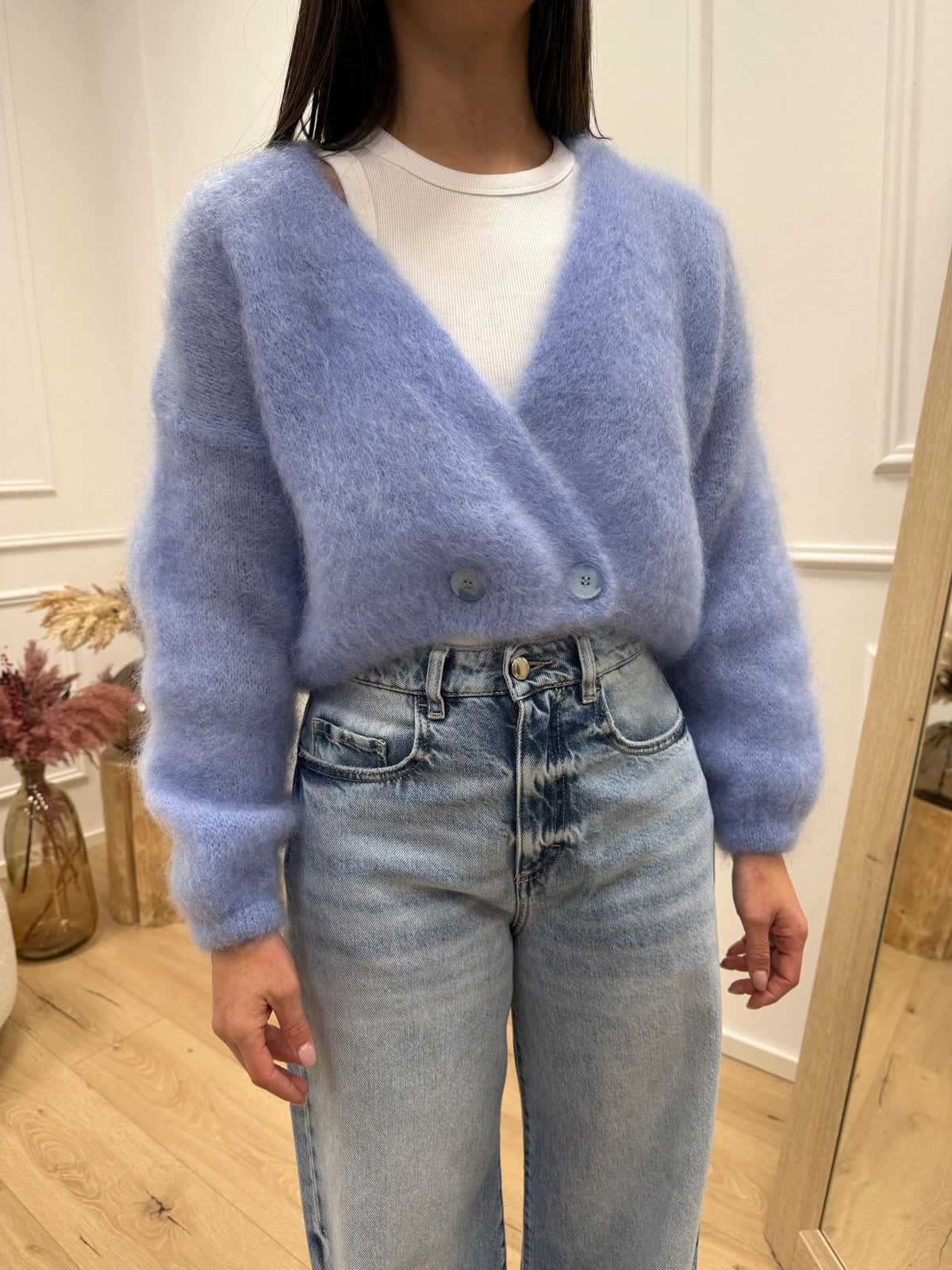 Cardigan kid mohair celeste con bottone laterale - Dixie