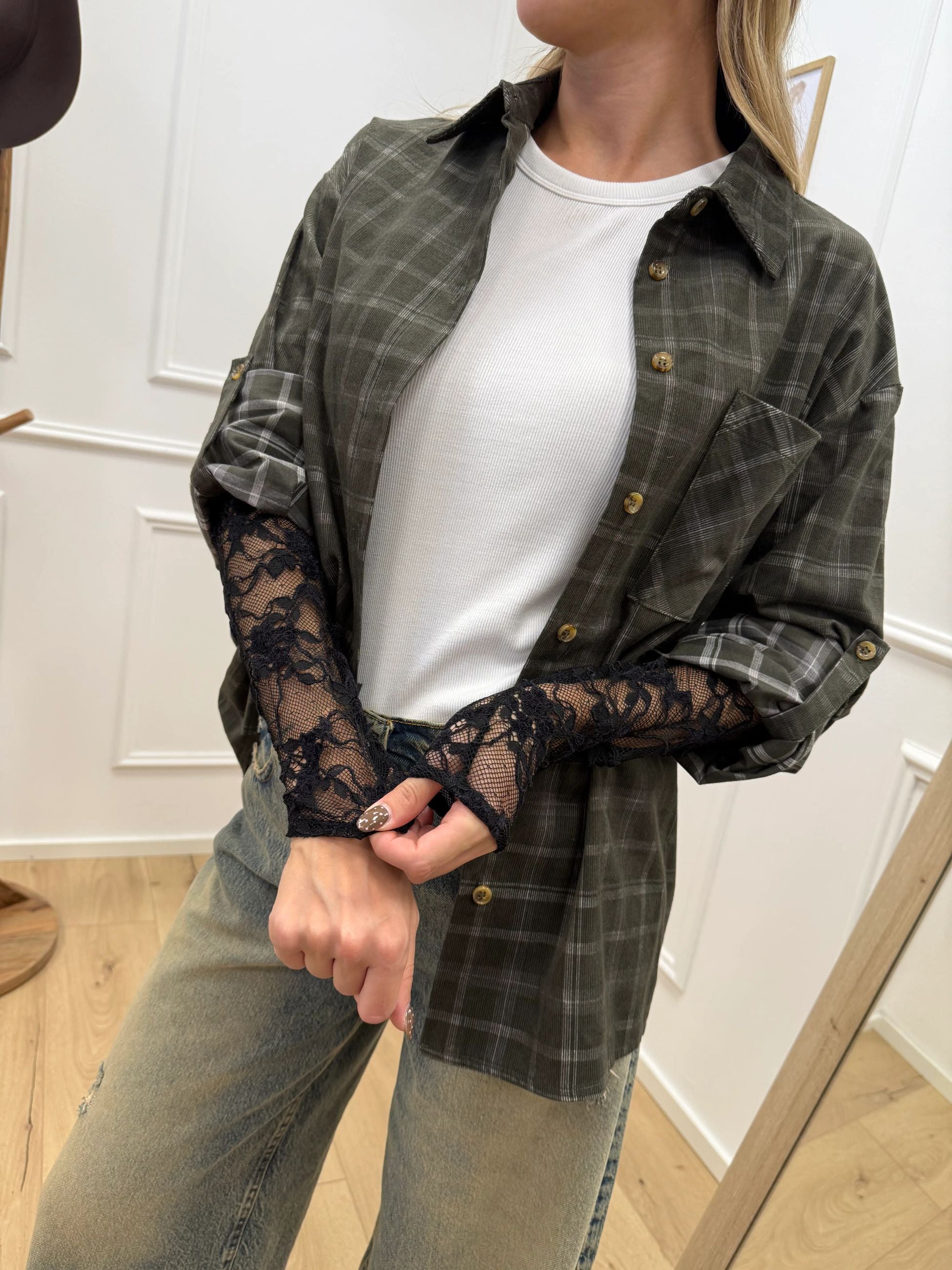 Camicia check militare con manica in pizzo - Vicolo