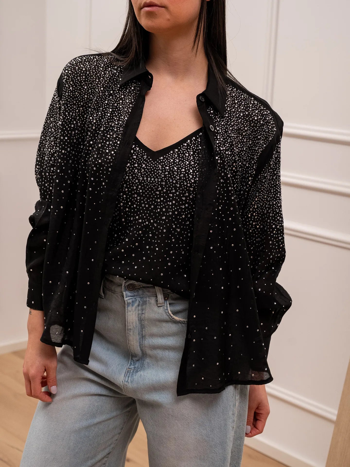 Camicia nera in mussola con strass - You Decide