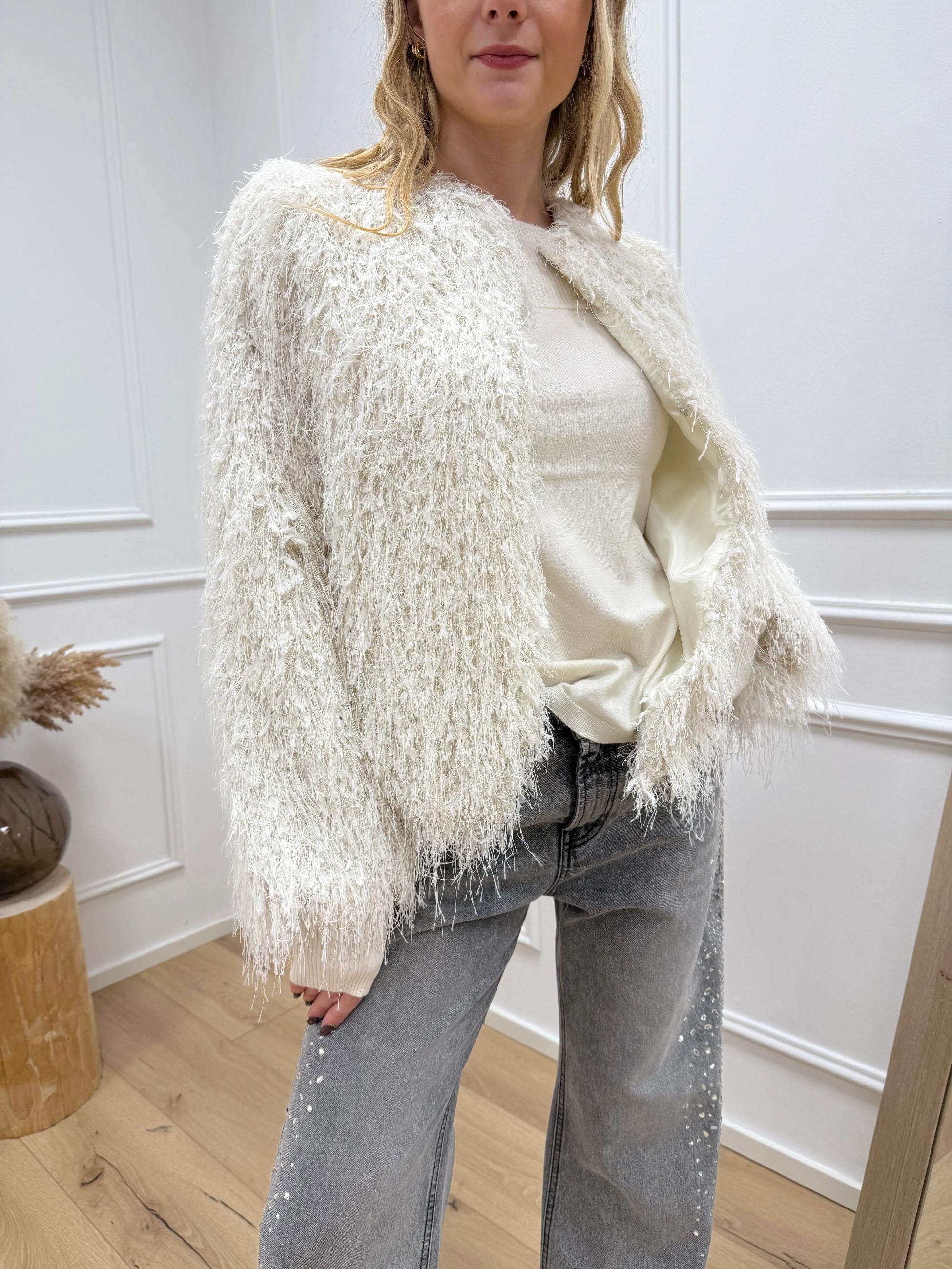 Giacca stile bomber panna con pagliuzze lamè - HaveOne