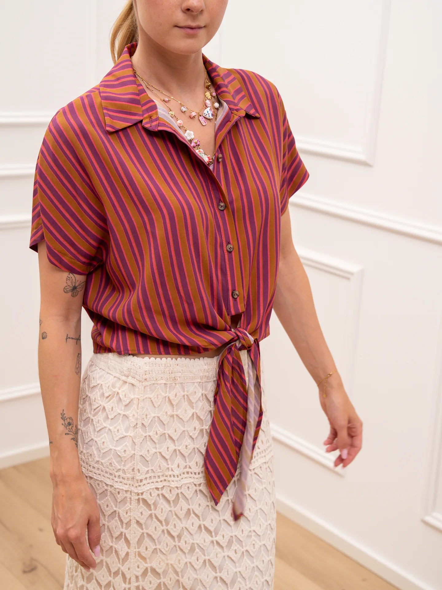 Camicia riga fucsia, viola e tabacco con nodo - HaveOne
