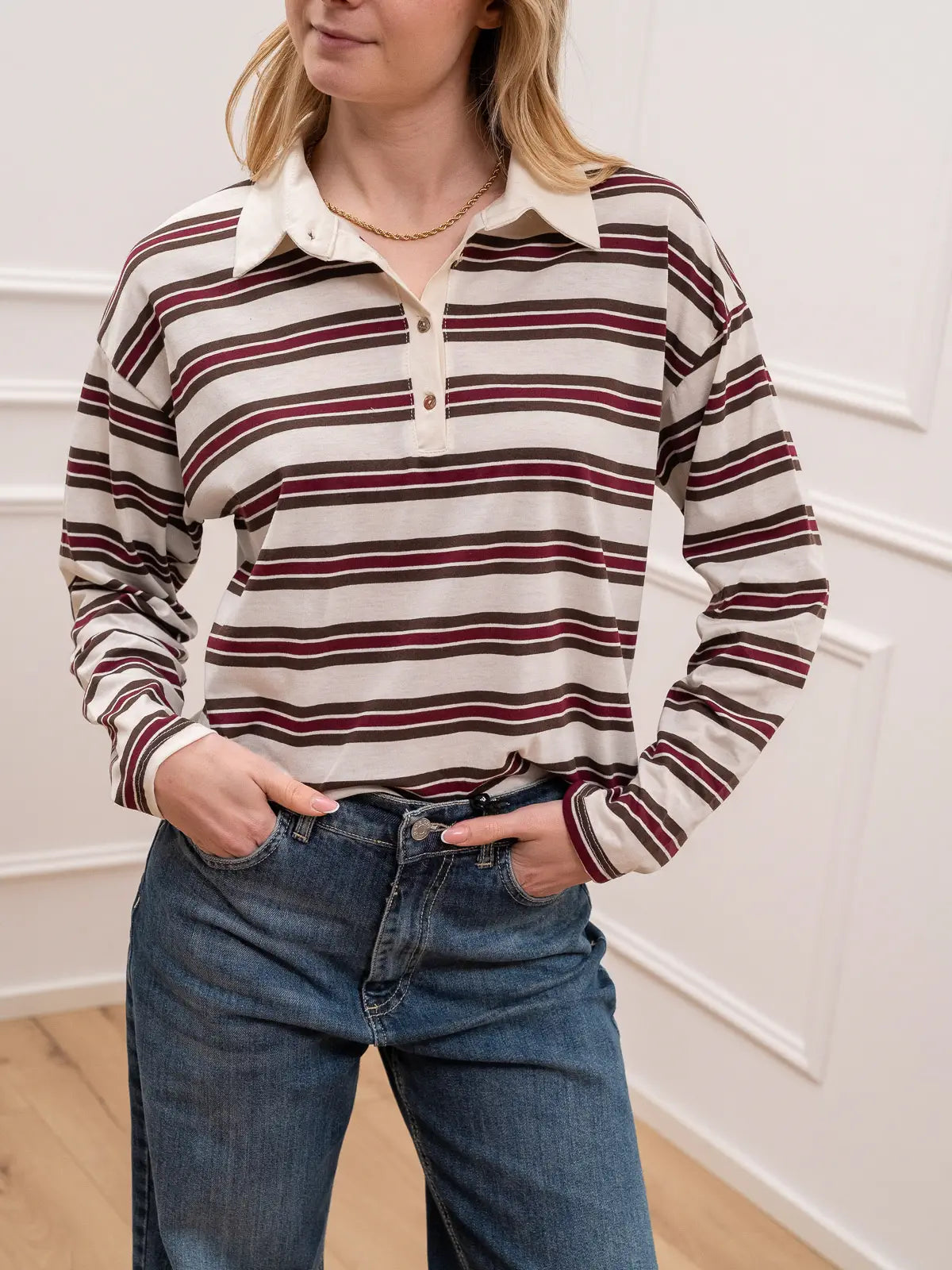 Maglia polo over rigata bordeaux, moro e bianco - HaveOne