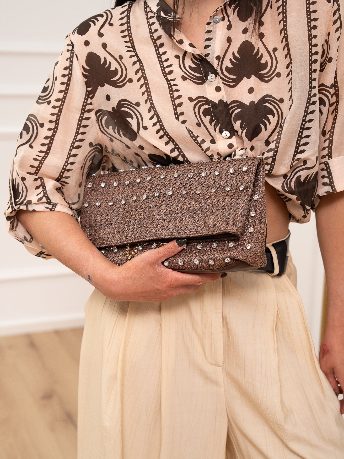 Borsa sacchetto moro in rafia con strass - Calibro Shop