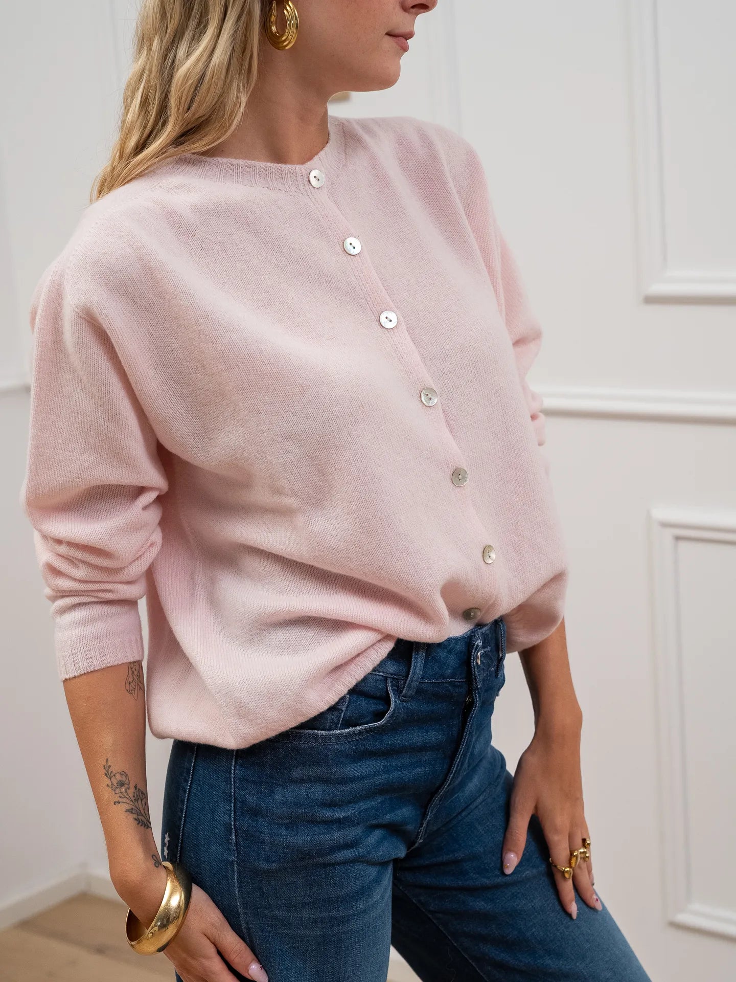 Cardigan rosa scollo coreana con bottoncini - Kontatto