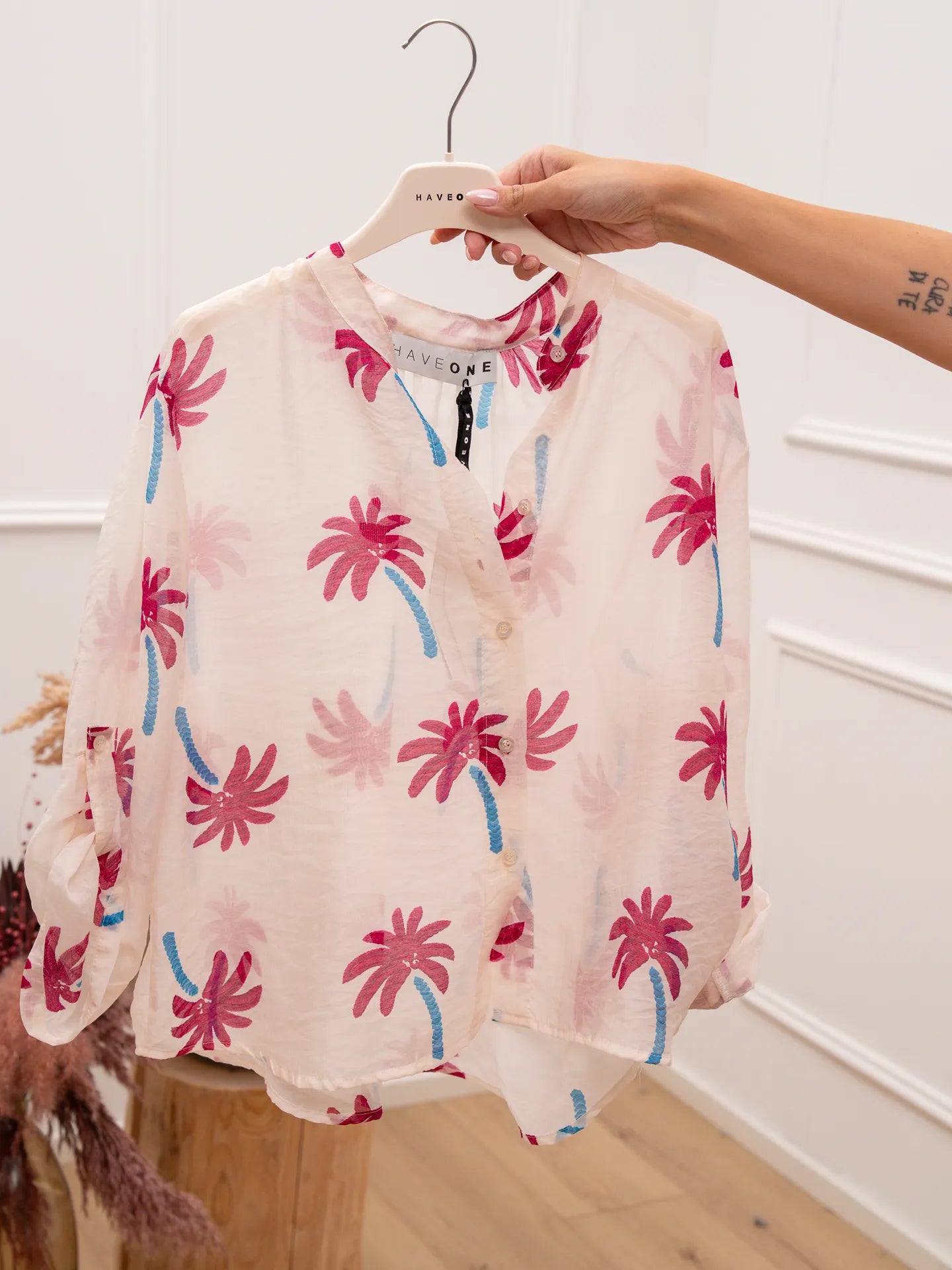 Camicia panna Palme fucsia in lyocell - HaveOne