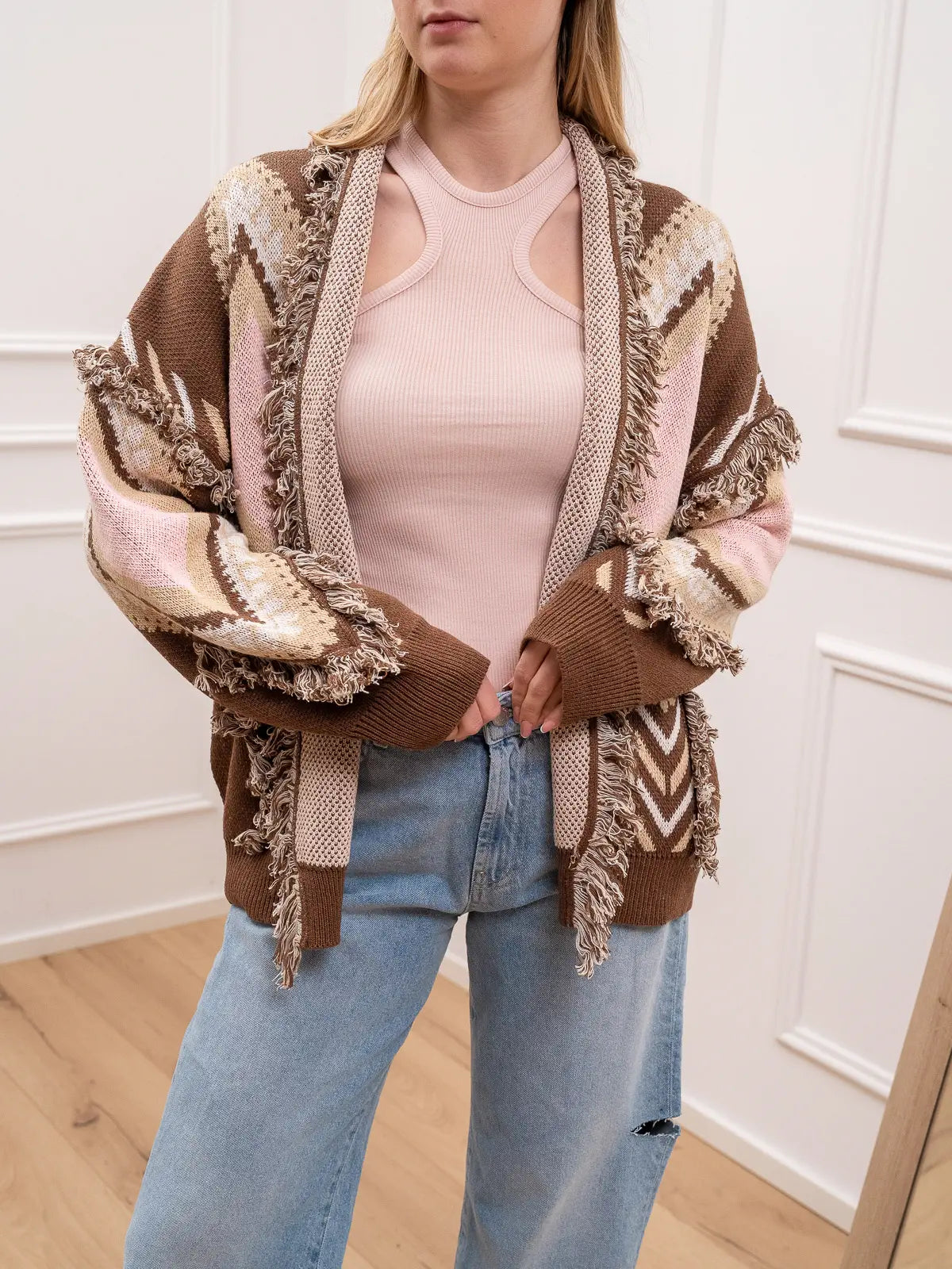 Cardigan etnico frangette rosa, camel e moro - Tensione In