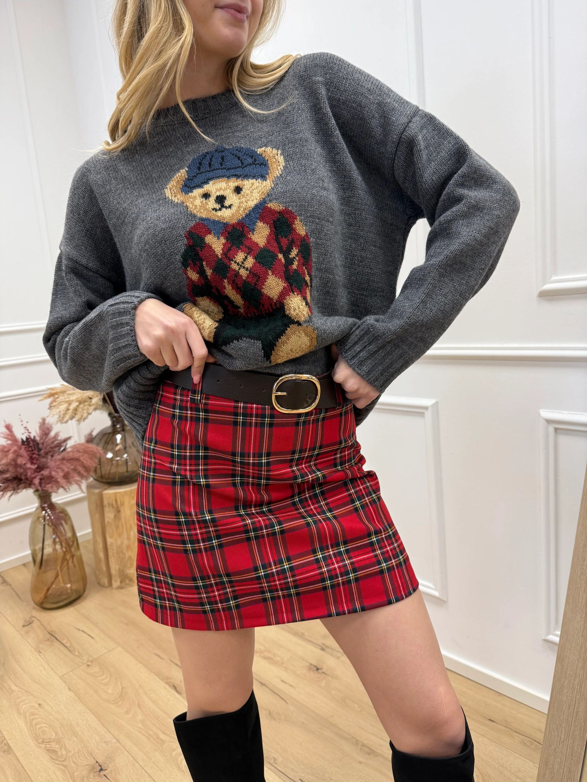 Gonna mini tartan rossa con cintura - HaveOne