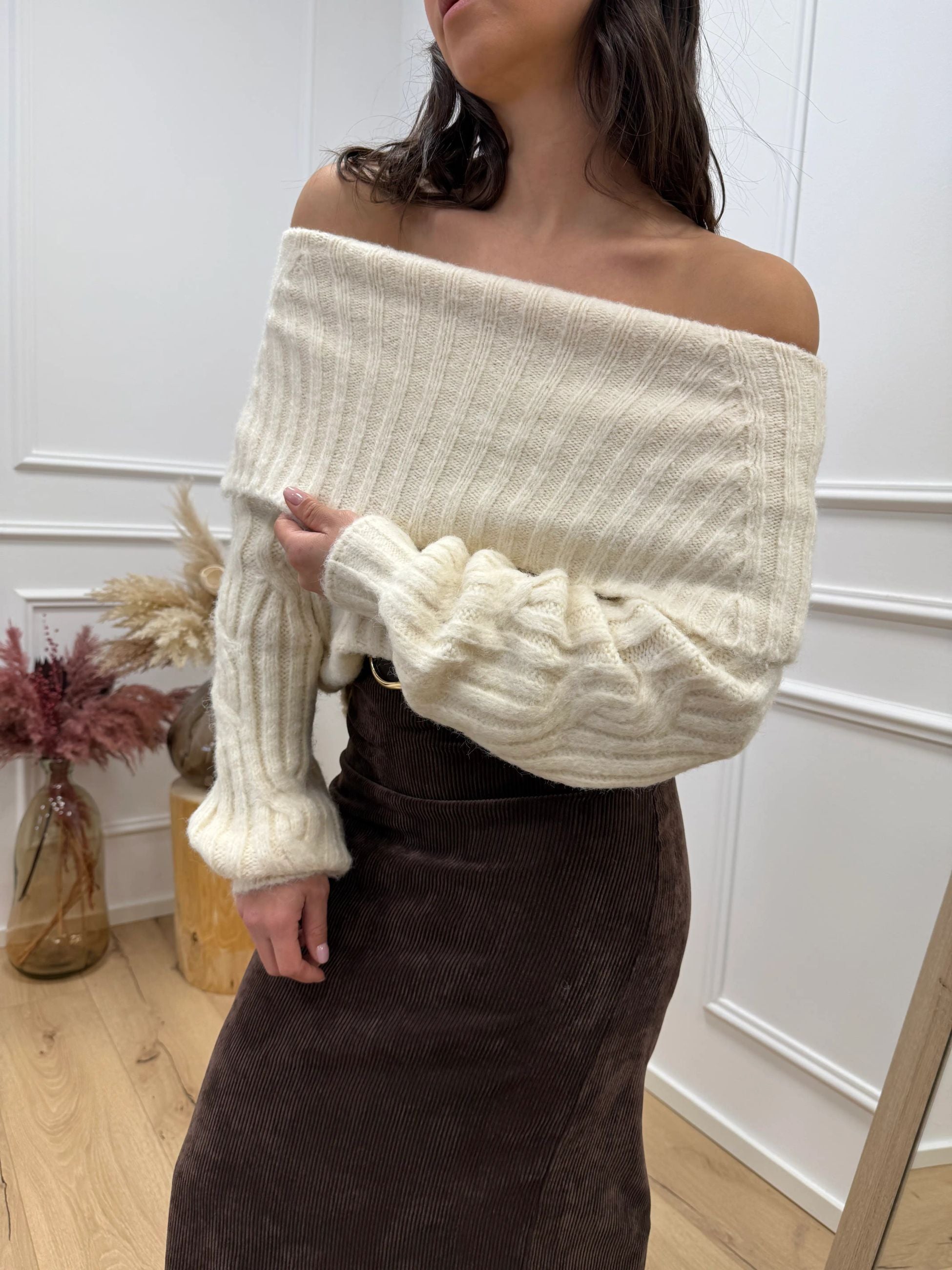 Maglia maxi scollo shiffer beige a coste - HaveOne