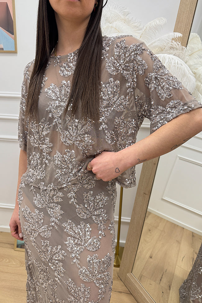 Top crop in tulle con paillettes fango - HaveOne