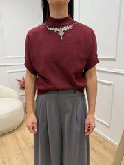Maglia mezza manica bordeaux con cabochon girocollo - You Decide