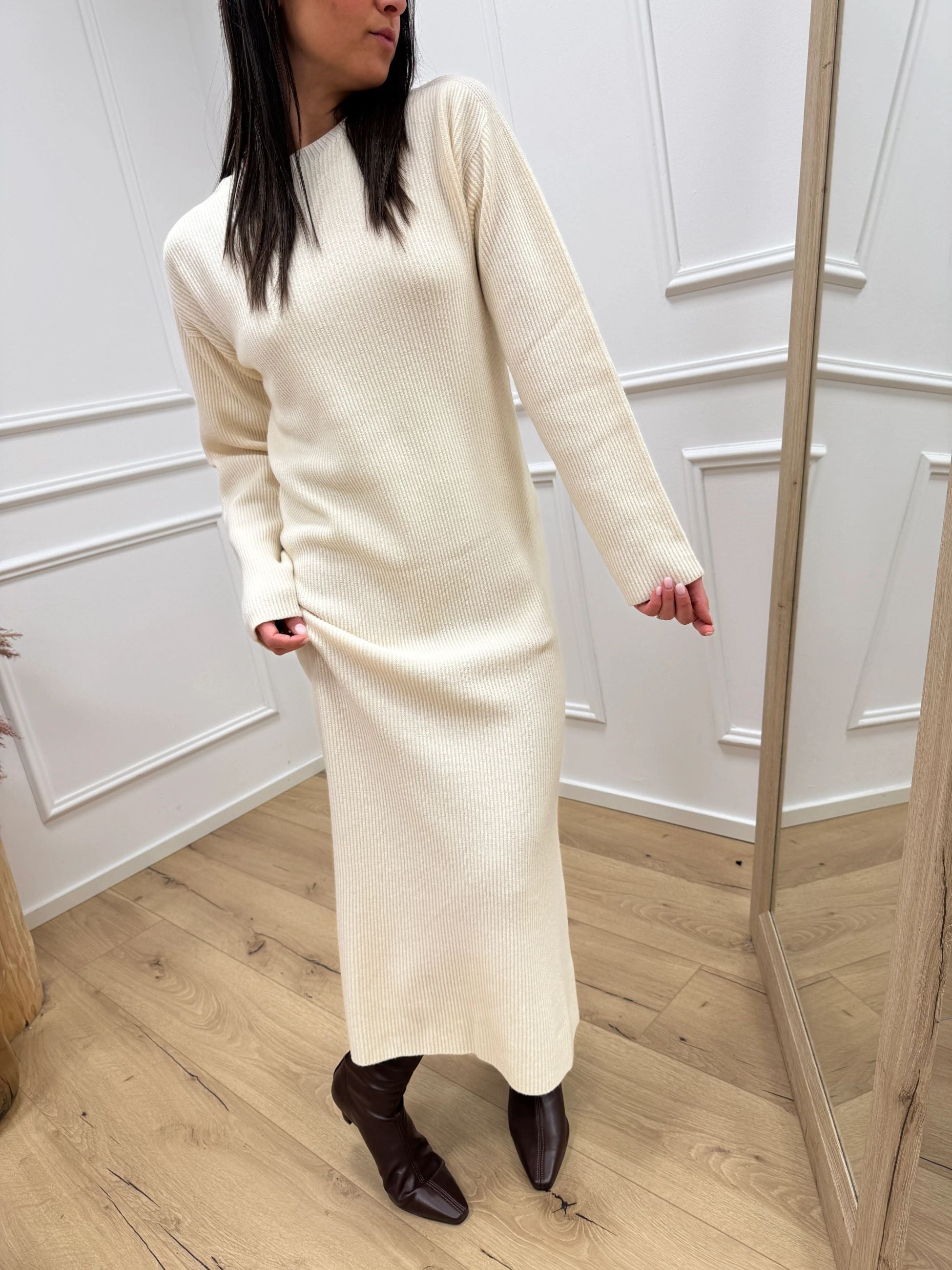 Vestito lungo a coste panna misto lana - Kontatto