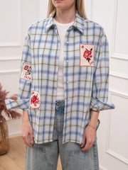 Camicia over check celeste con toppe ricamate - Crispy