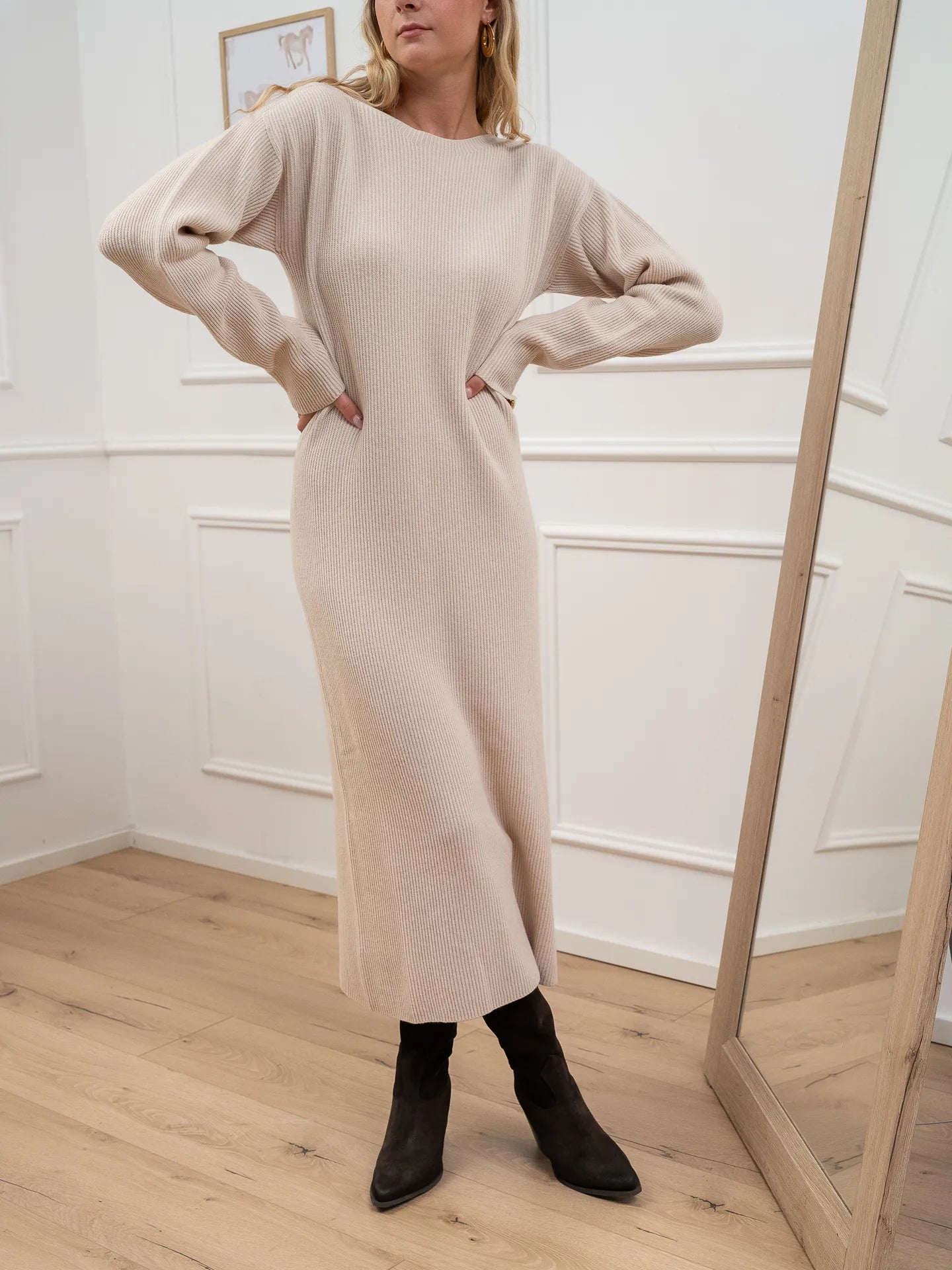 Vestito lungo a coste beige misto lana - Kontatto