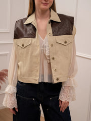 Gilet beige dettagli in ecopelle intrecciata moro - Tensione In