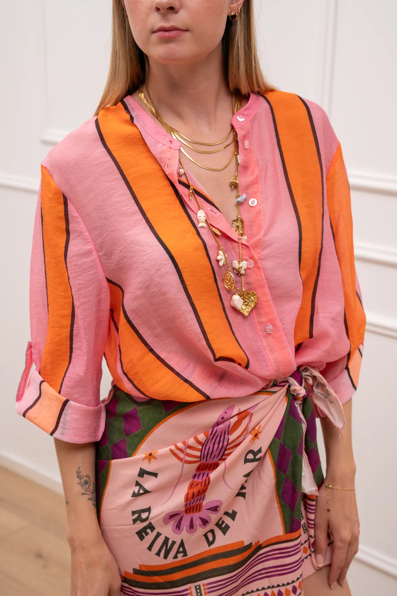 Camicia riga larga rosa, arancio e nero - HaveOne