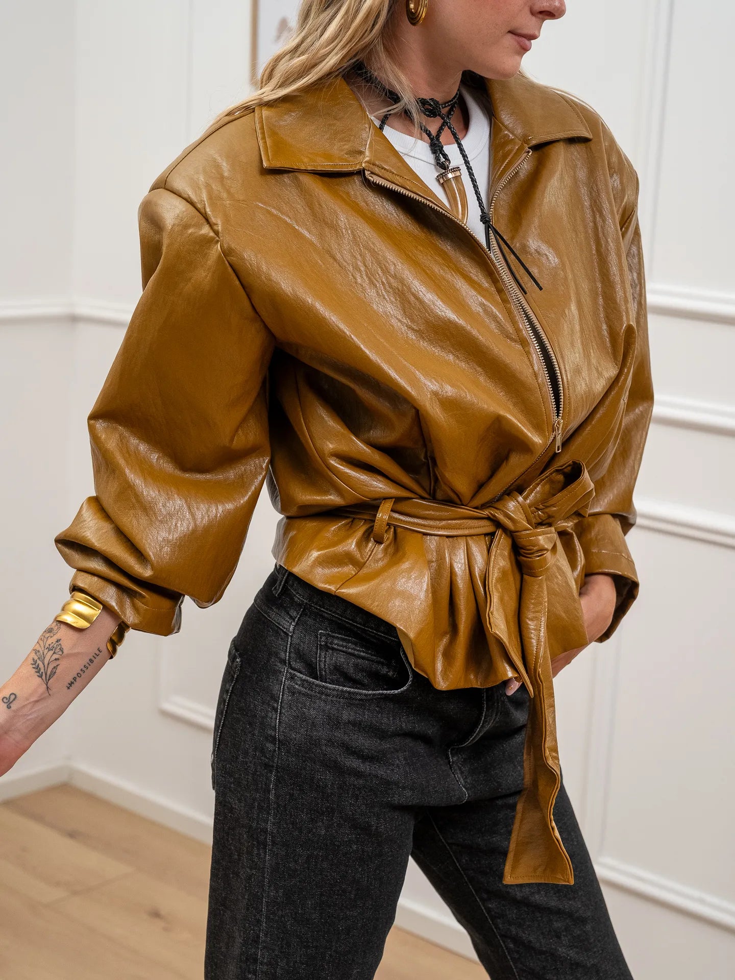 Giacca over in ecopelle olio con fusciacca - HaveOne