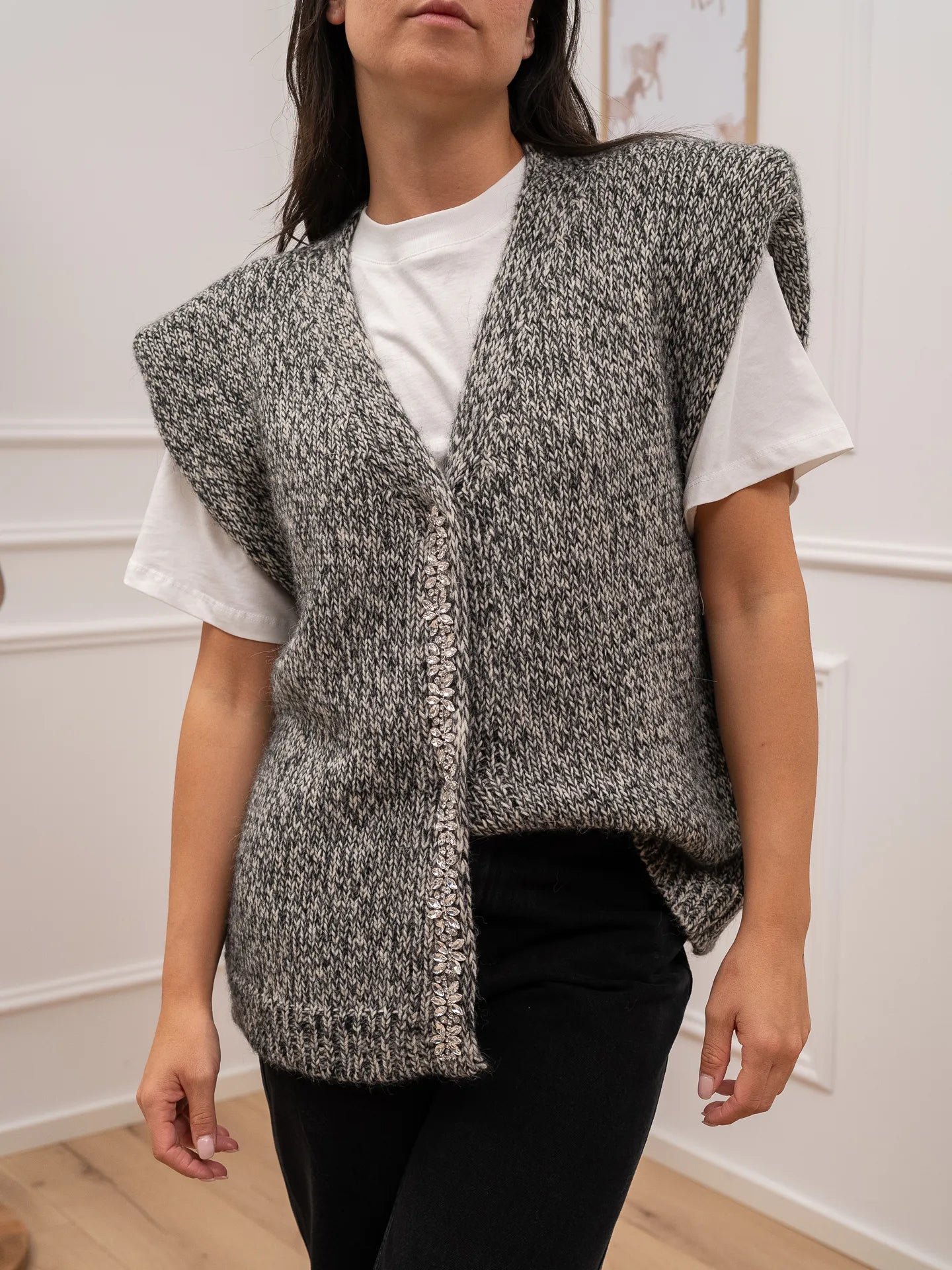 Gilet Moulinè nero e bianco con strass - HaveOne