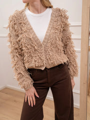 Cardigan frangette beige con bottoni - HaveOne