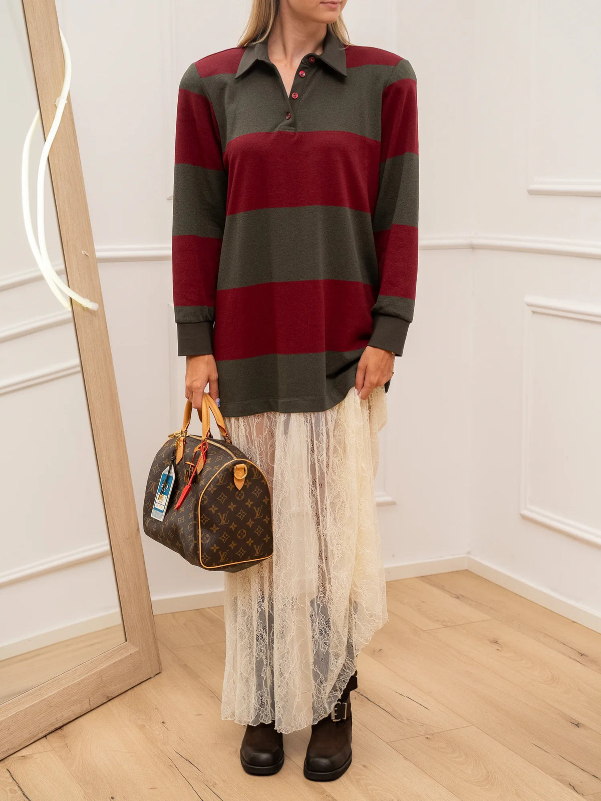 Vestito polo bordeaux e militare con gonna in pizzo - Vicolo