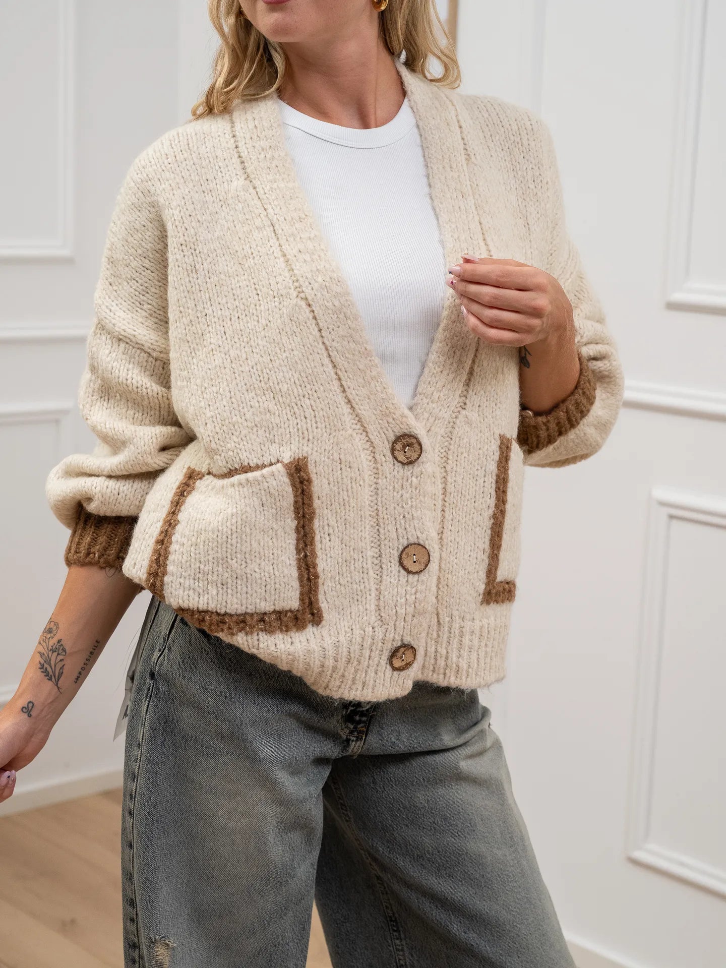 Cardigan calce con tasche camel - HaveOne
