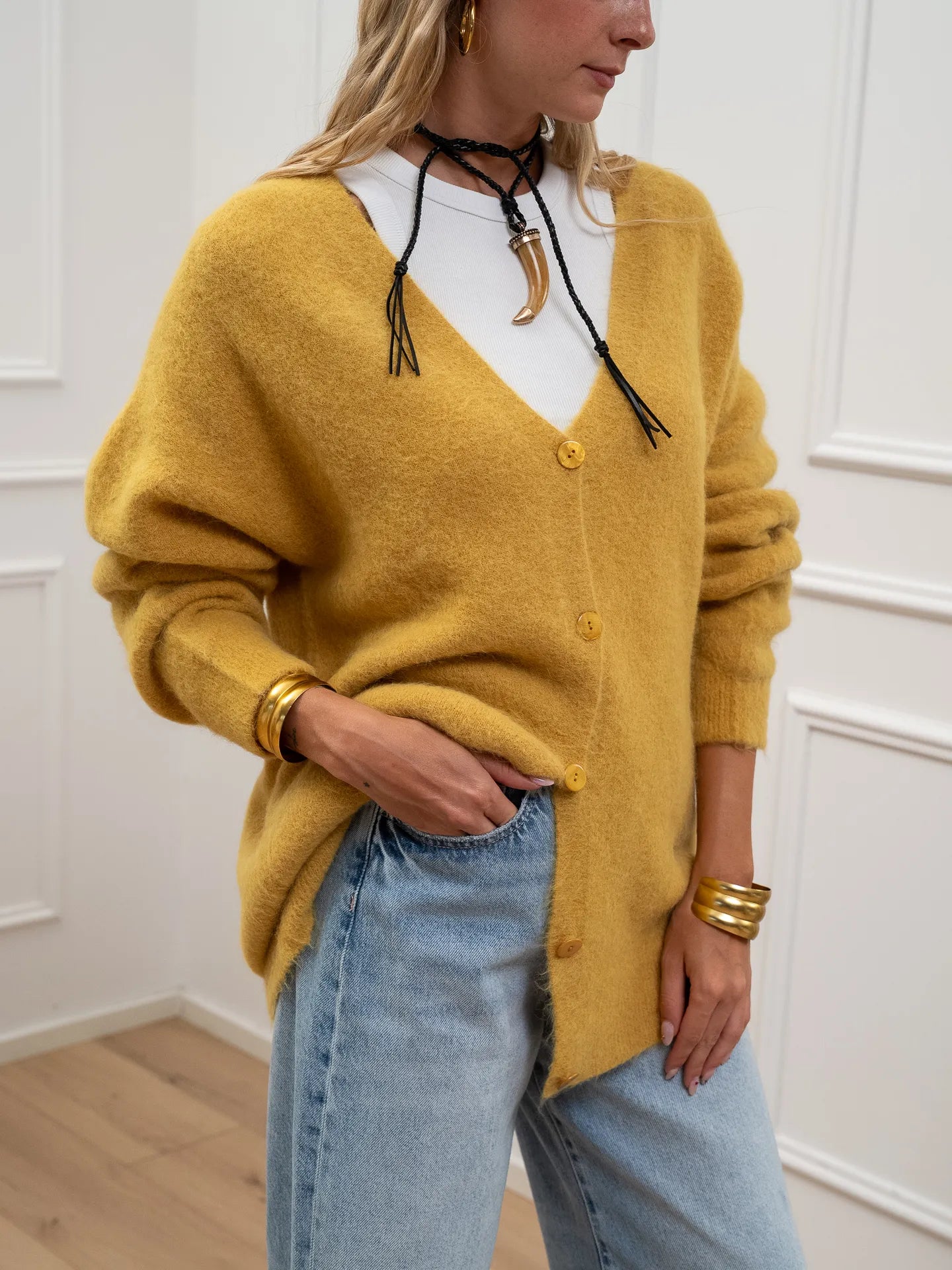 Cardigan lungo mostarda alpaca superfine - Kontatto