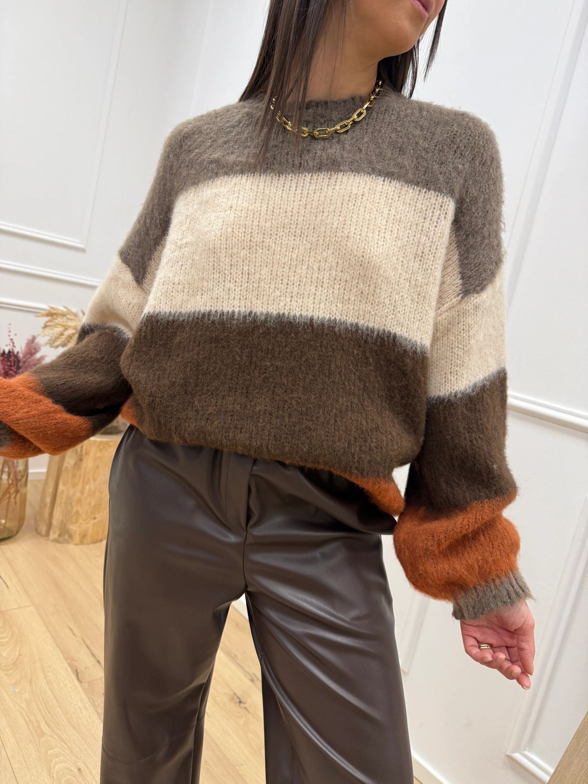 Maglia garzata a righe coccio, beige, moro e tortora - HaveOne