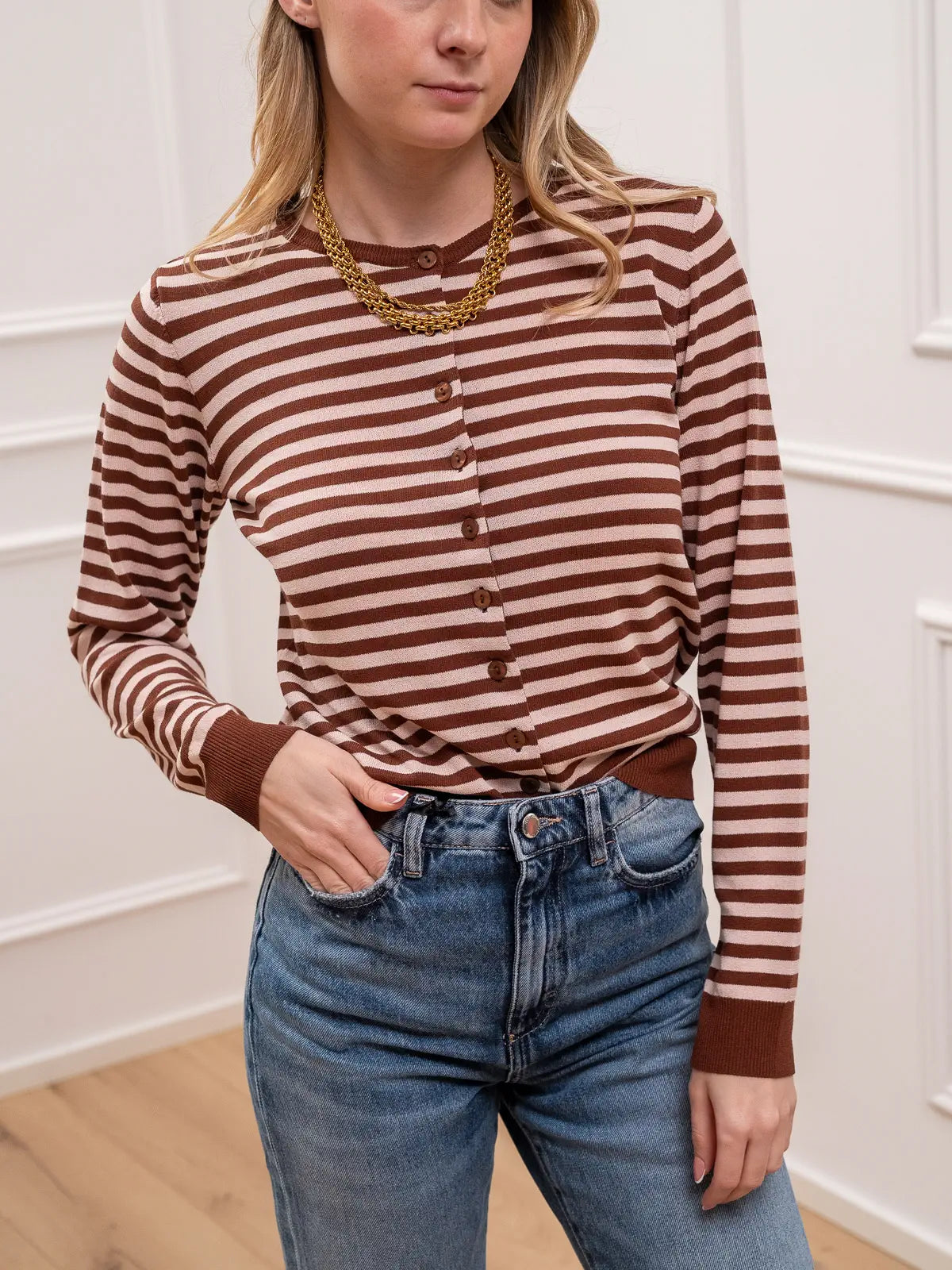 Maglia rebecchina rigata nutella e rosa - Kontatto