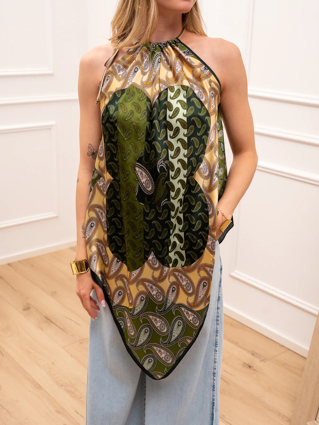 Top foulard fantasia verde e olio con perline - Vicolo