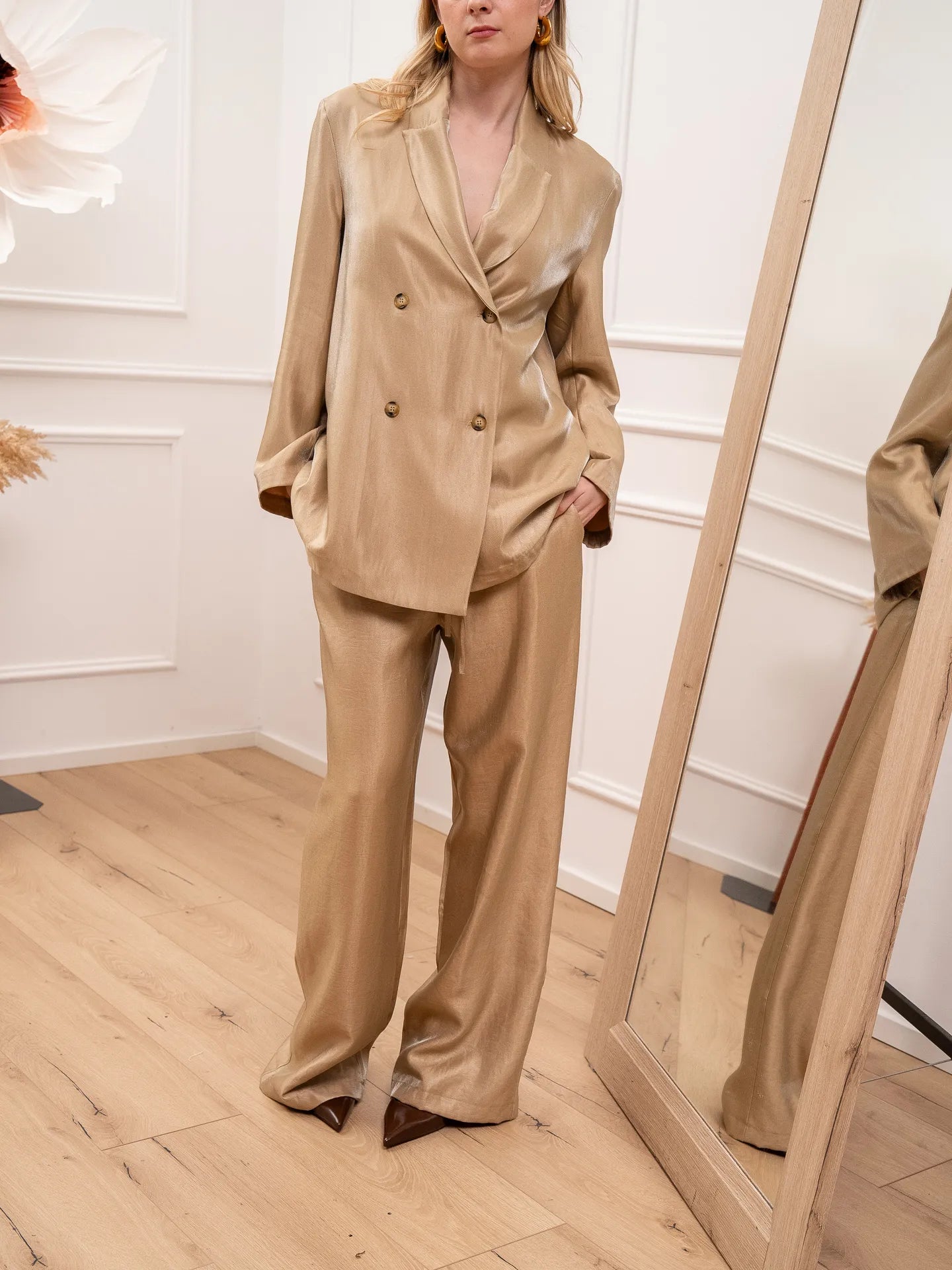 Pantaloni spalmati oro con coulisse - Philia Loft