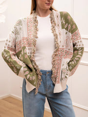 Cardigan patchwork latte, rosa e verde sfrangiato - HaveOne