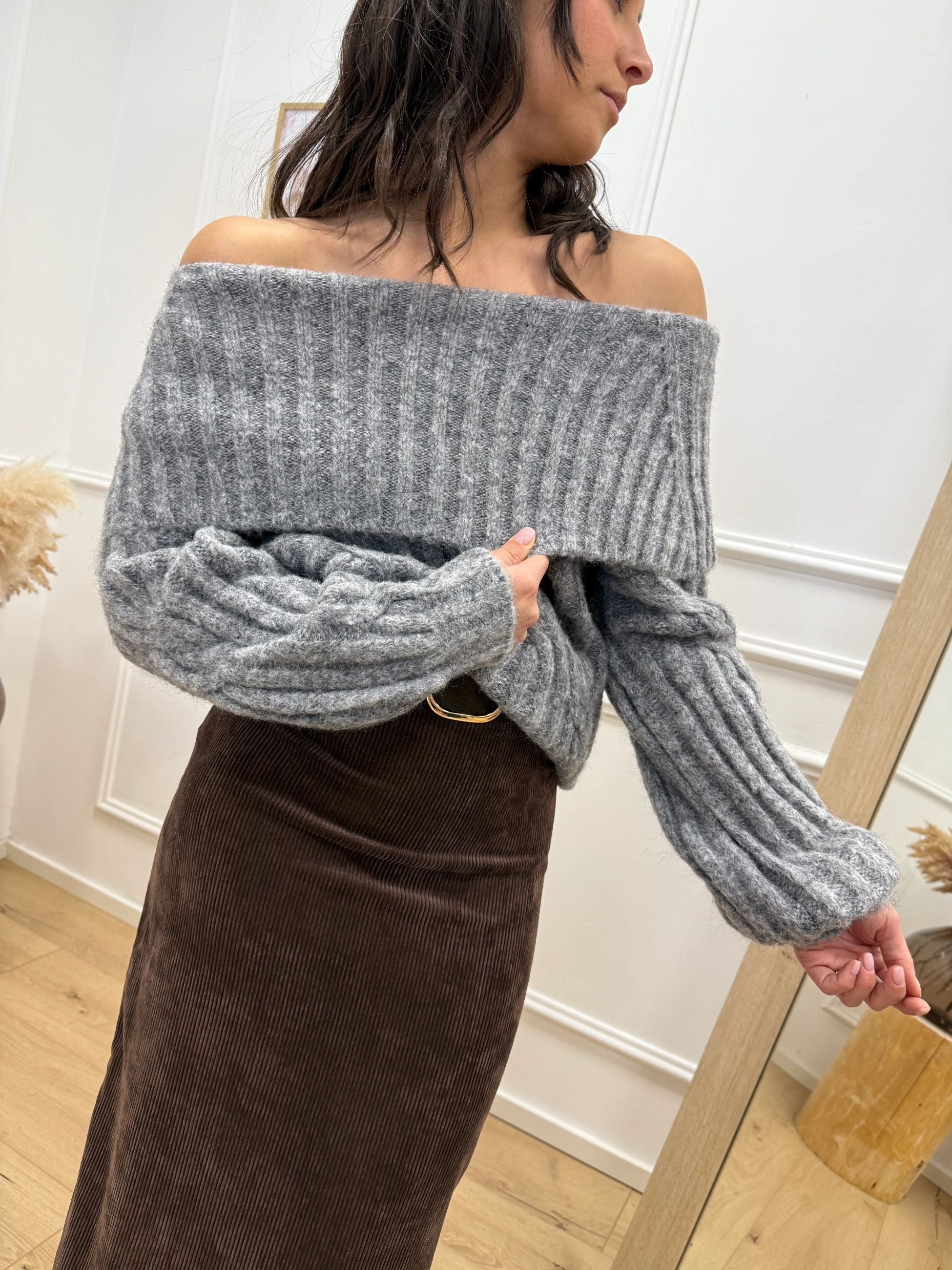 Maglia maxi scollo shiffer grigio a coste - HaveOne