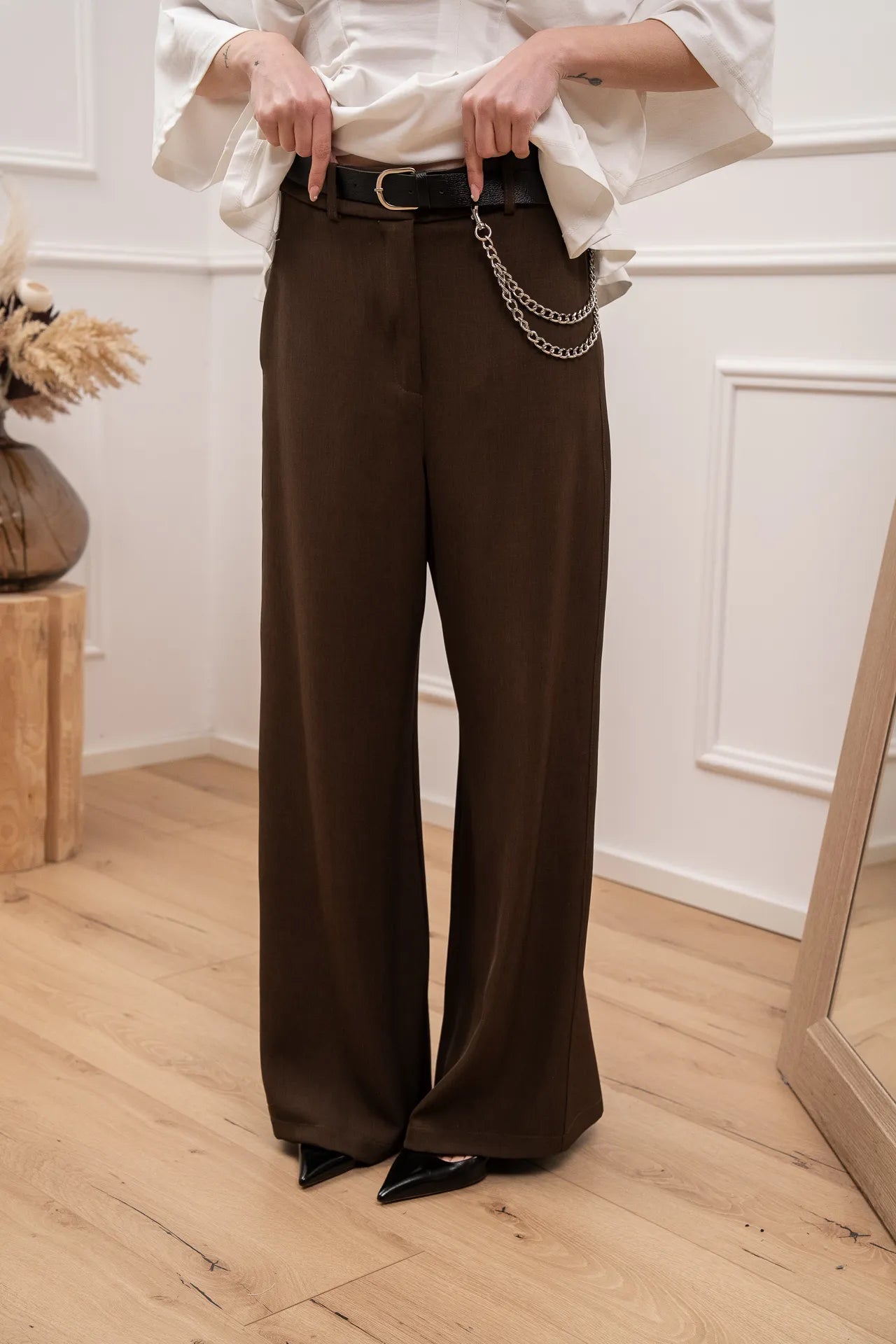 Pantaloni fiammati moka a palazzo con cintura - HaveOne