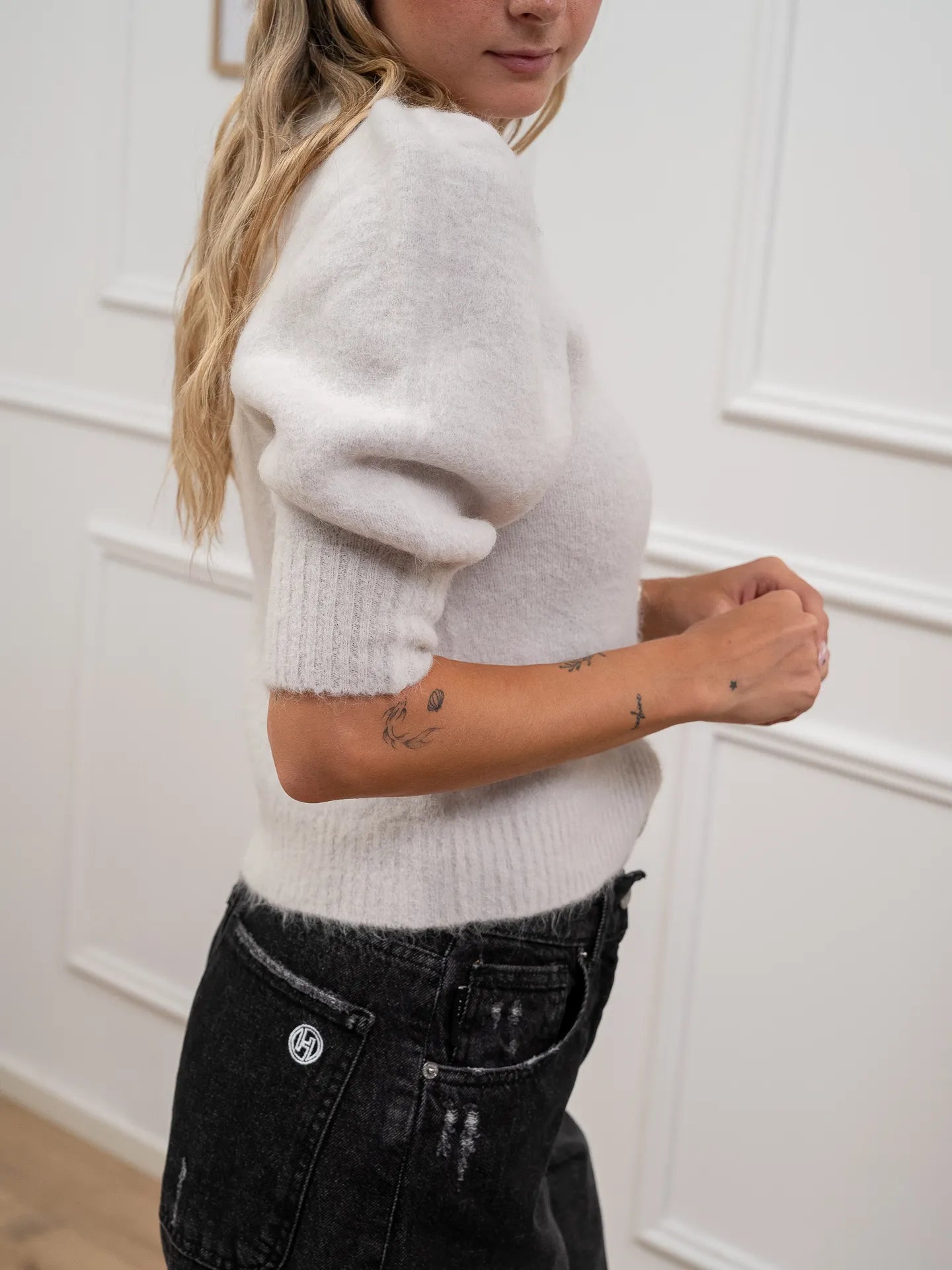 Cardigan avorio manica balloon alpaca superfine - Kontatto