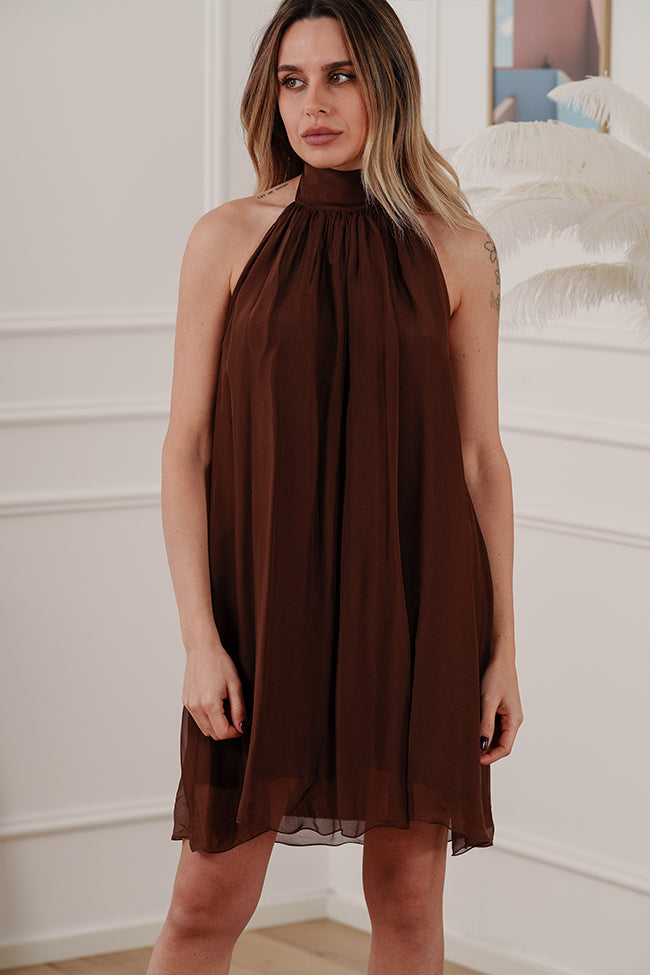 Vestito corto cioccolato scollo halter misto seta - HaveOne