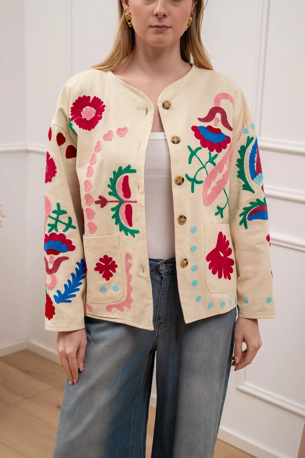 Giacca burro in cotone con ricami multicolor - Crispy