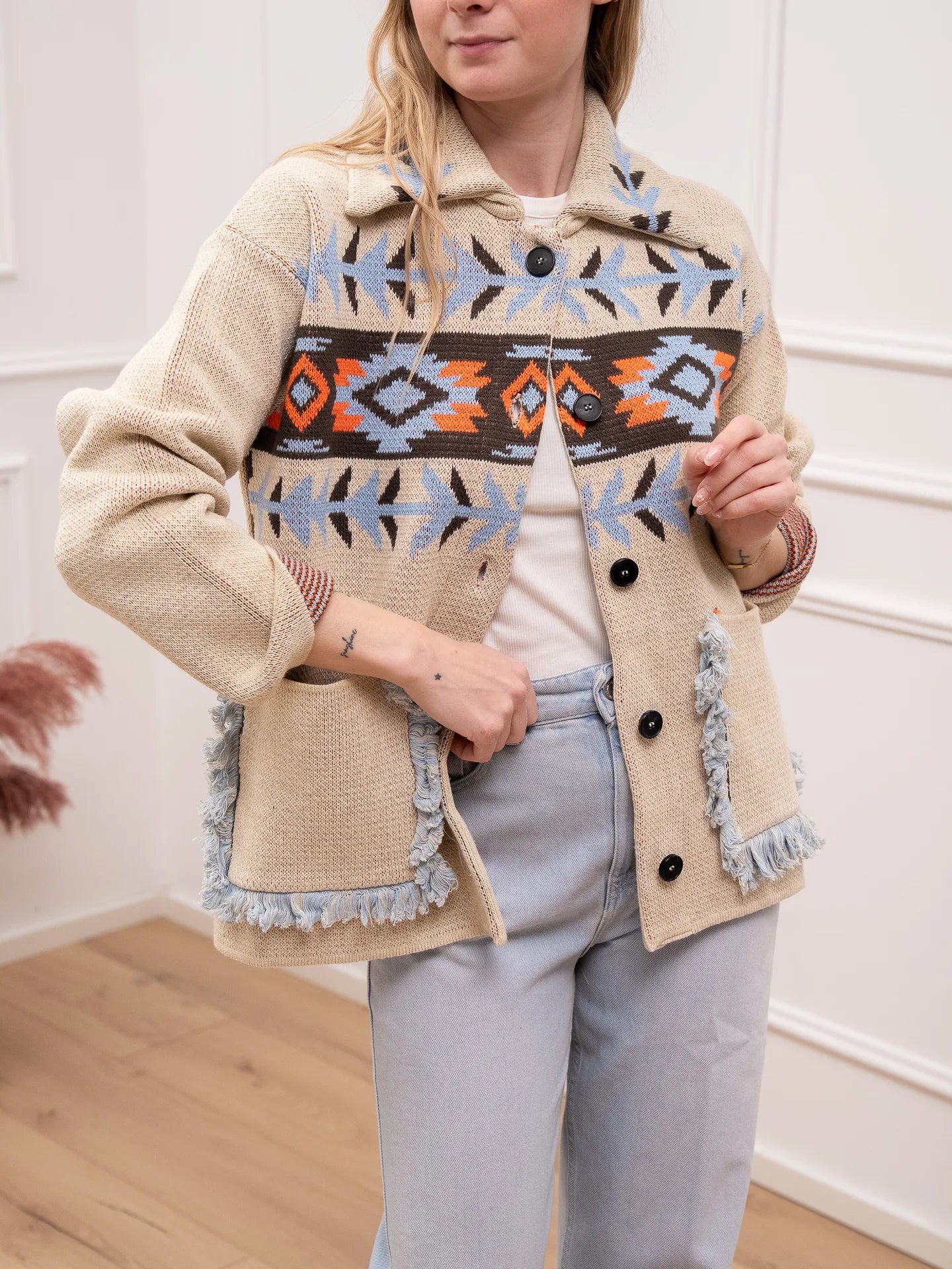 Cardigan etnico sabbia tasche con frangette - Vicolo