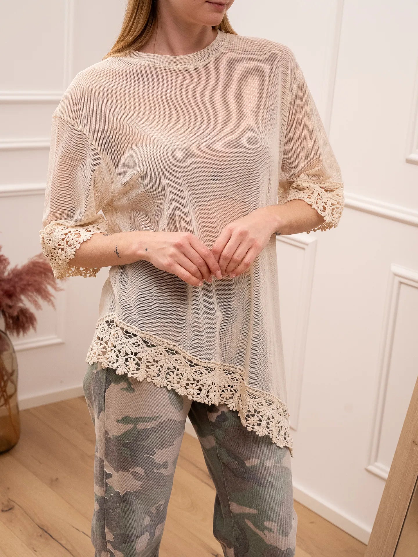 T shirt a rete burro con dettagli crochet - HaveOne