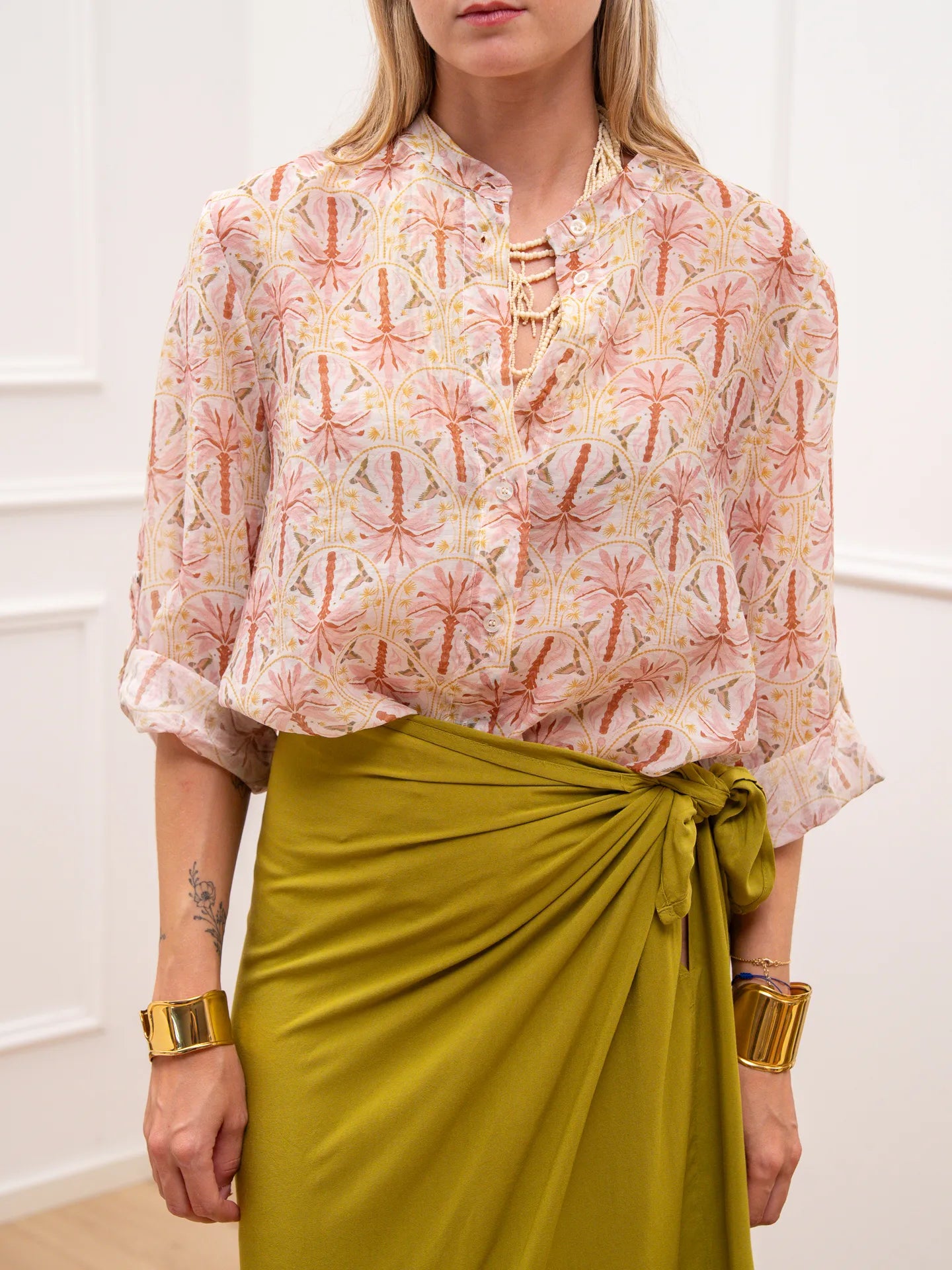 Camicia Palme all over rosa e olio - HaveOne