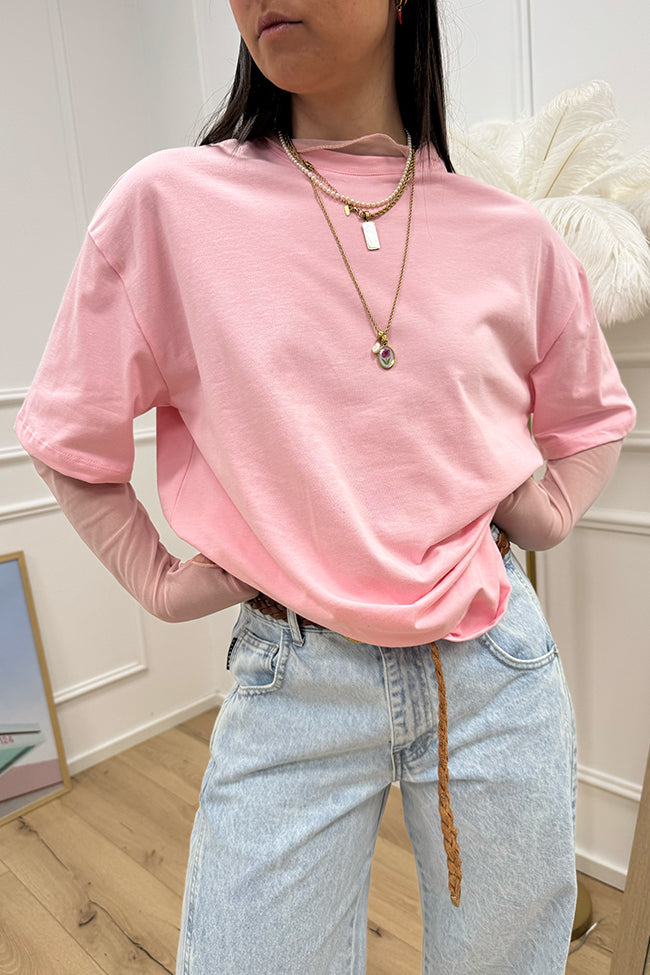 T shirt rosa con manica in tulle - Vicolo