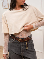 T shirt crop burro con body in pizzo - HaveOne