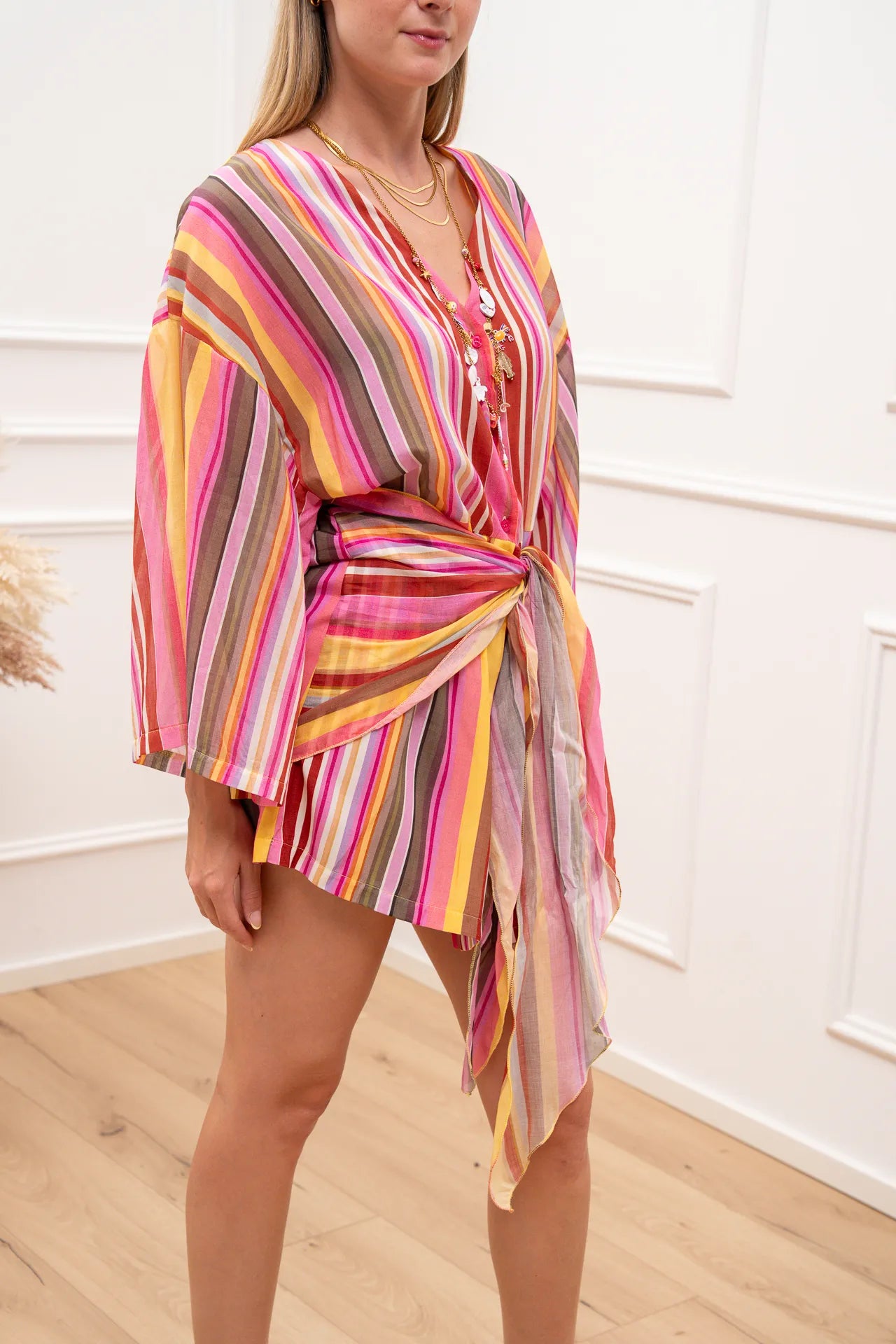 Vestito Stripe multicolor in mussola con nodo - Tensione In