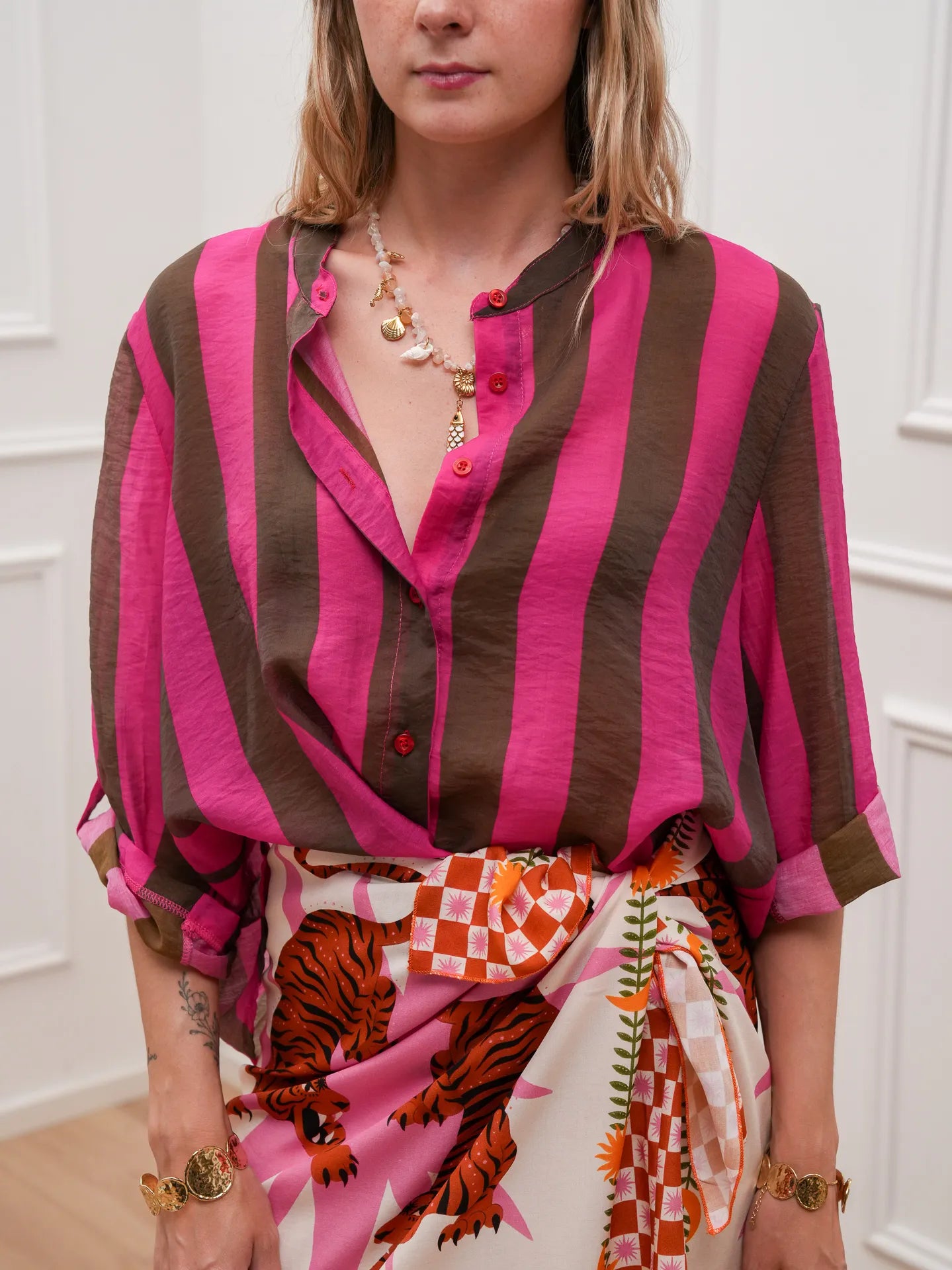 Camicia riga larga fucsia e moro in lyocell - HaveOne