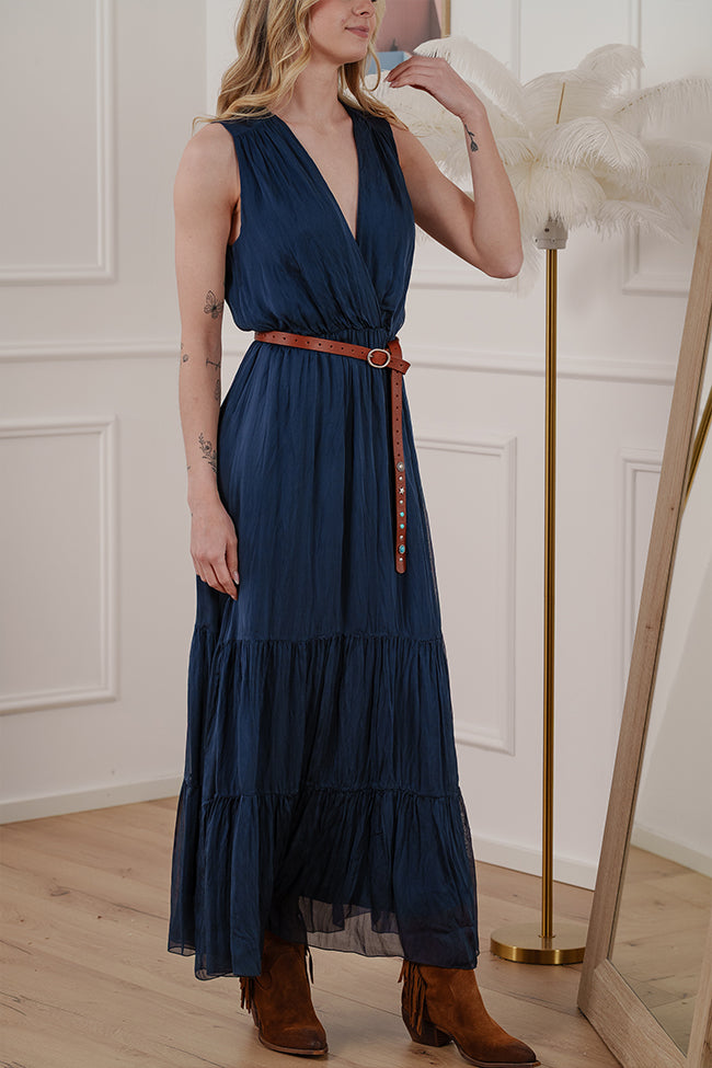 Vestito blu scollo a v incrociato misto seta - HaveOne