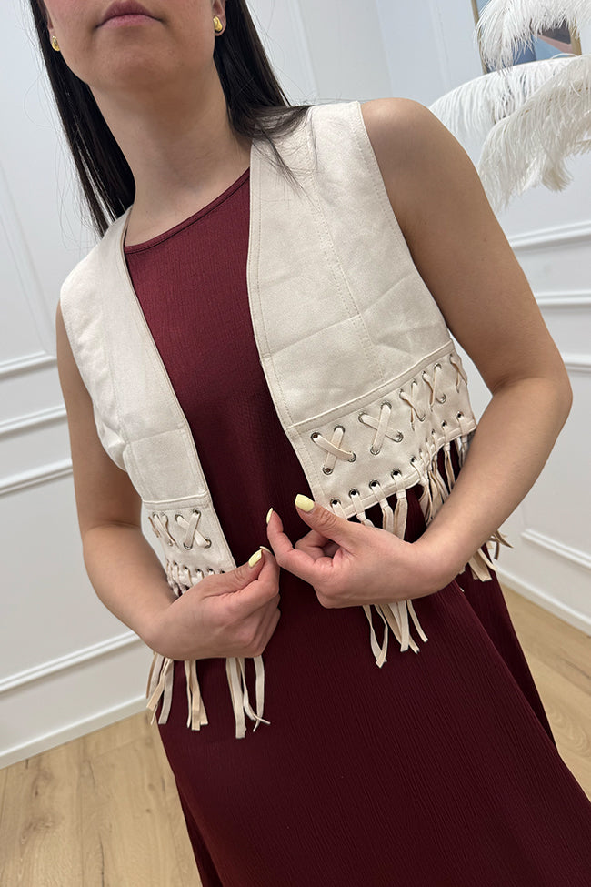 Gilet crop in dainetto burro con frange - HaveOne