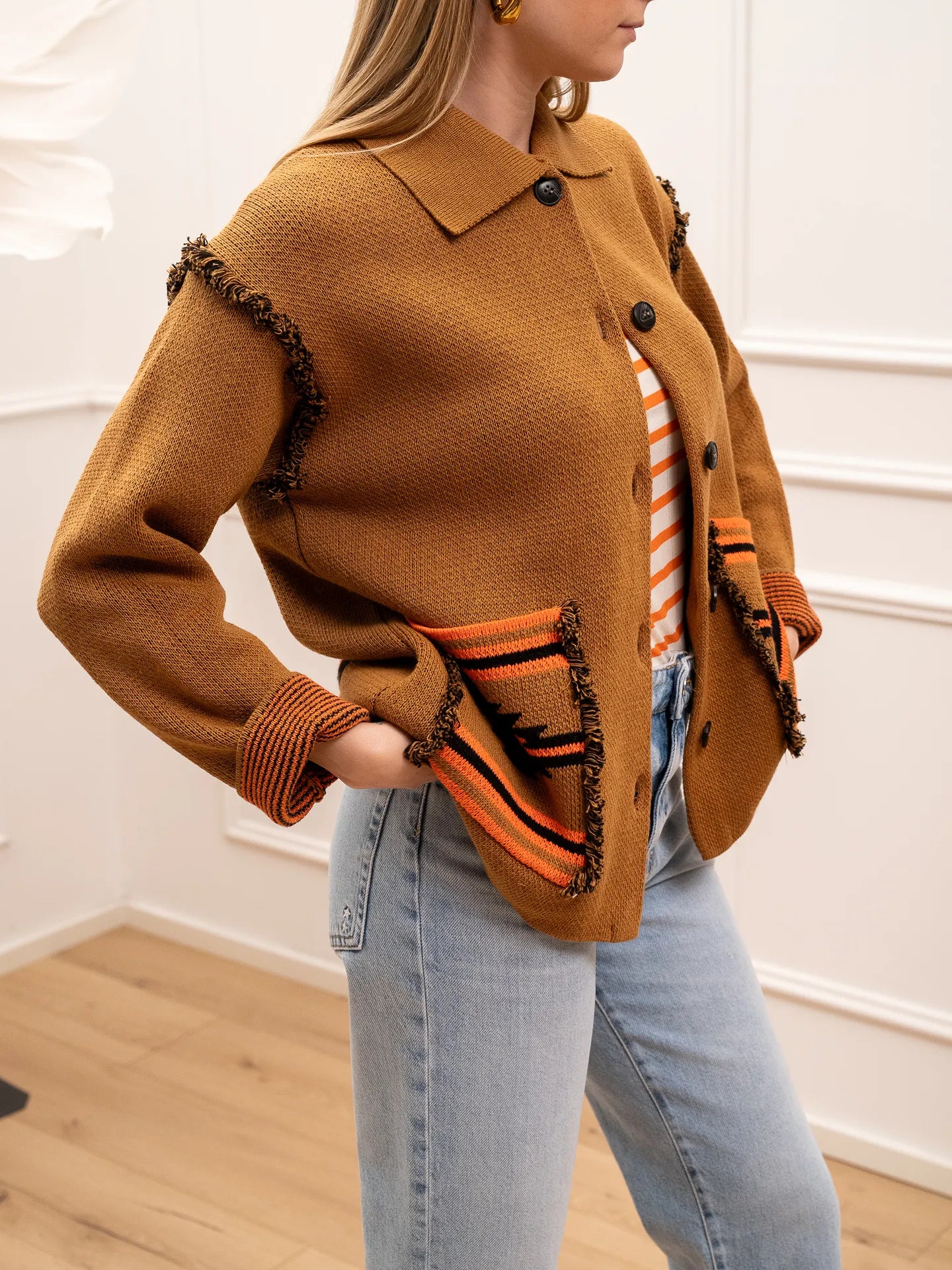 Giacca coccio stampa arancio e nera con frangette - HaveOne