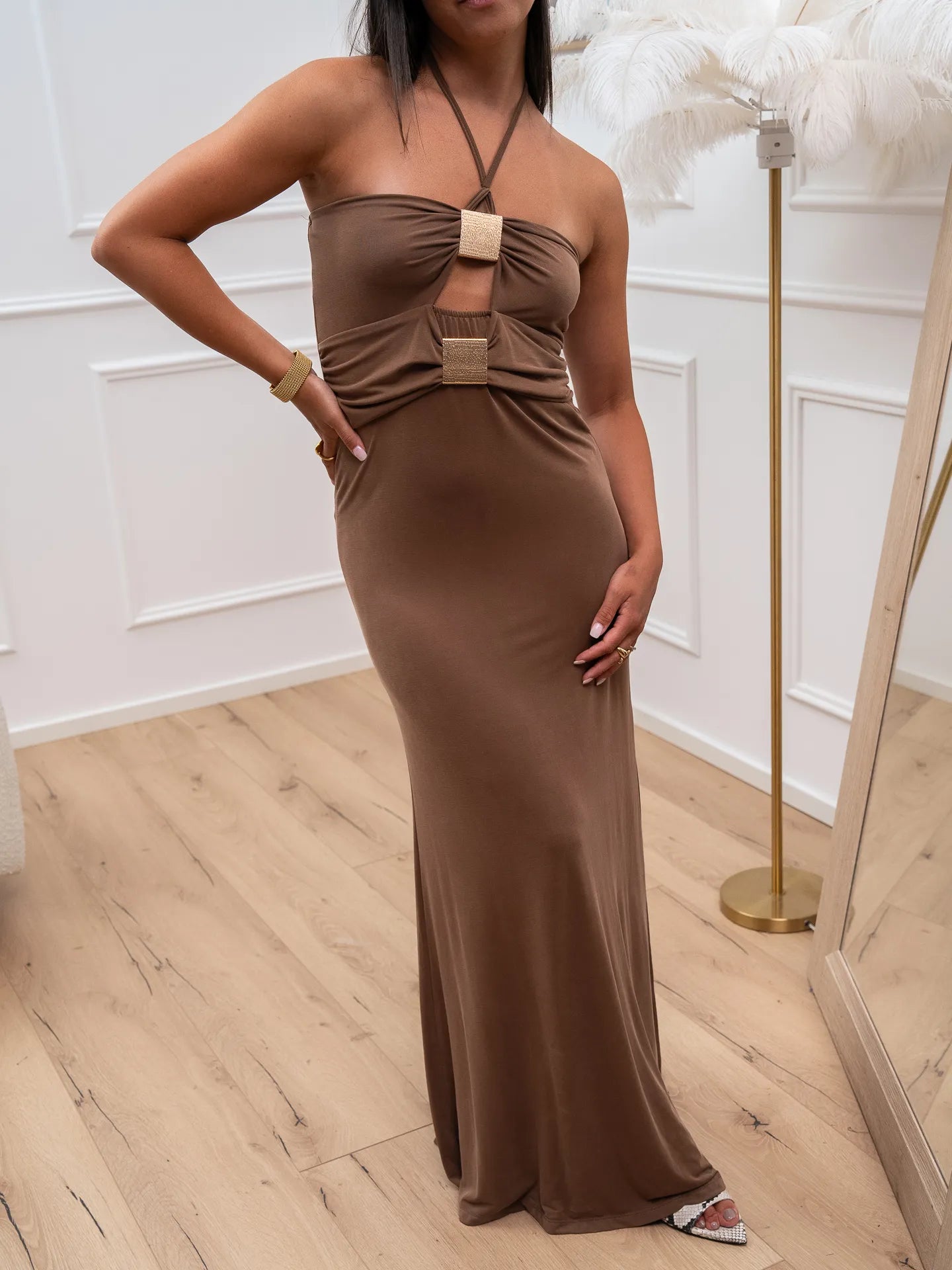 Vestito lycra lungo biscotto con dettagli dorati - HaveOne