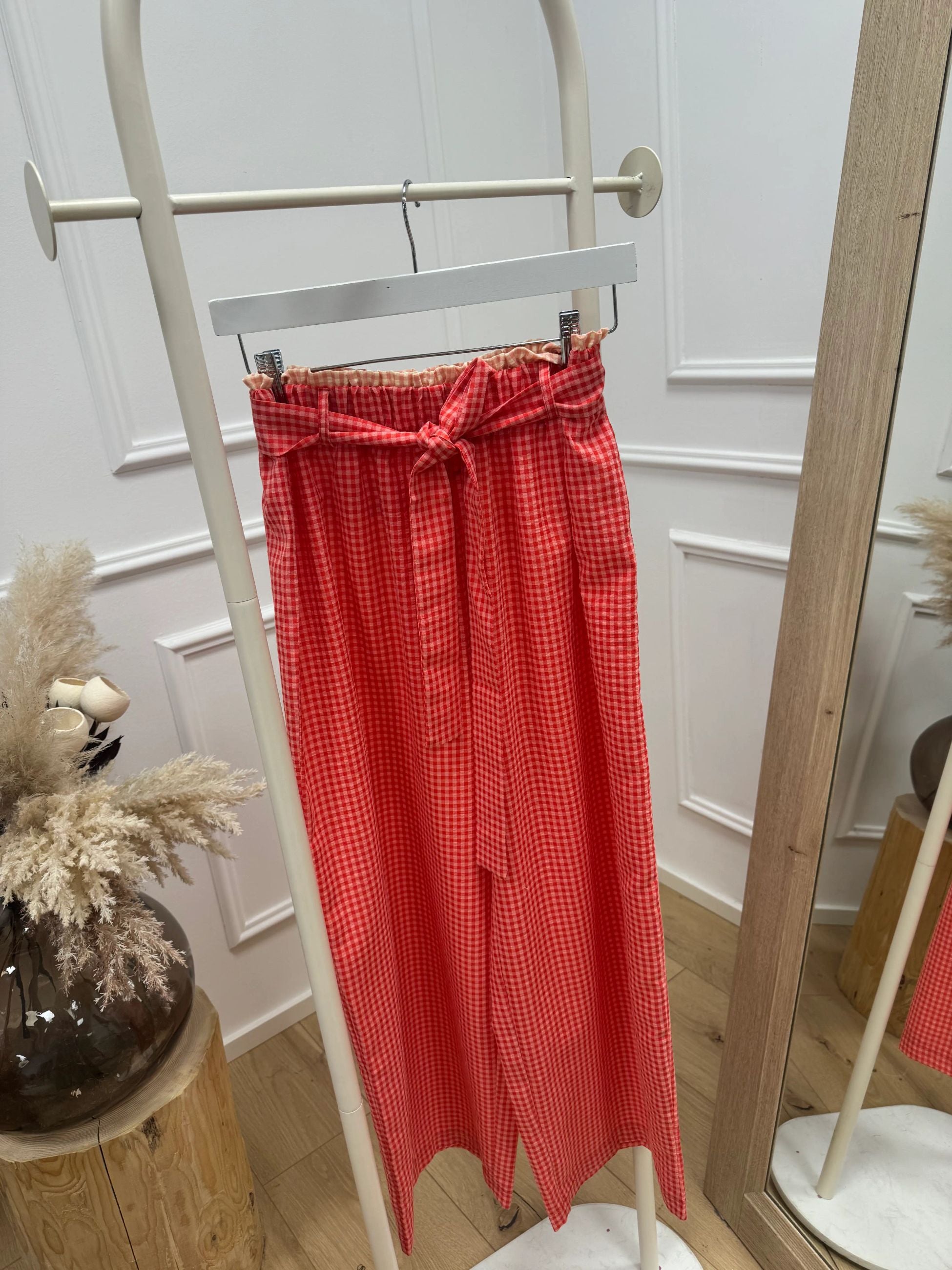 Pantaloni vichy ruffle pesca - Crispy
