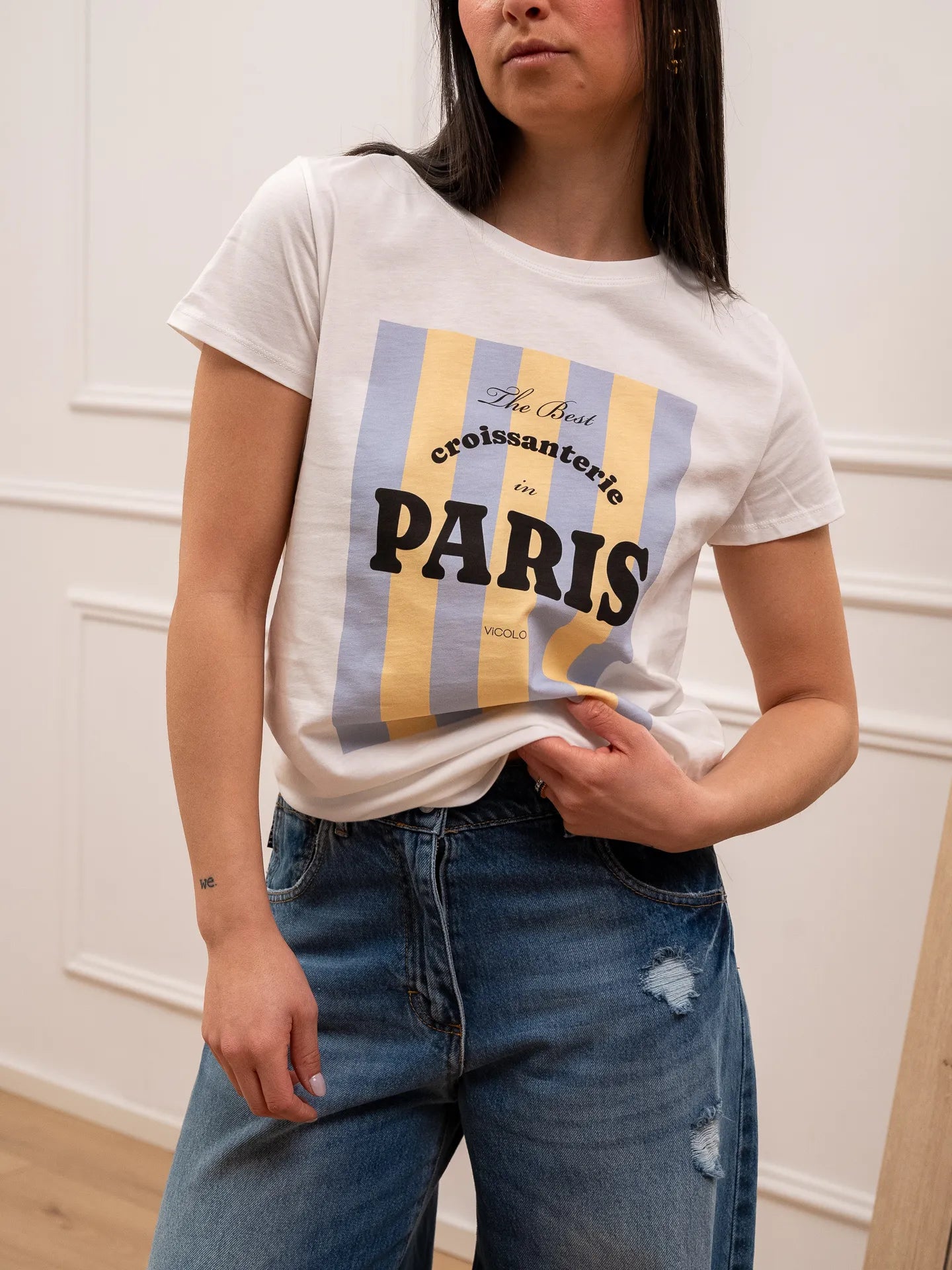 t shirt stampa Croissanterie celeste e gialla - Vicolo