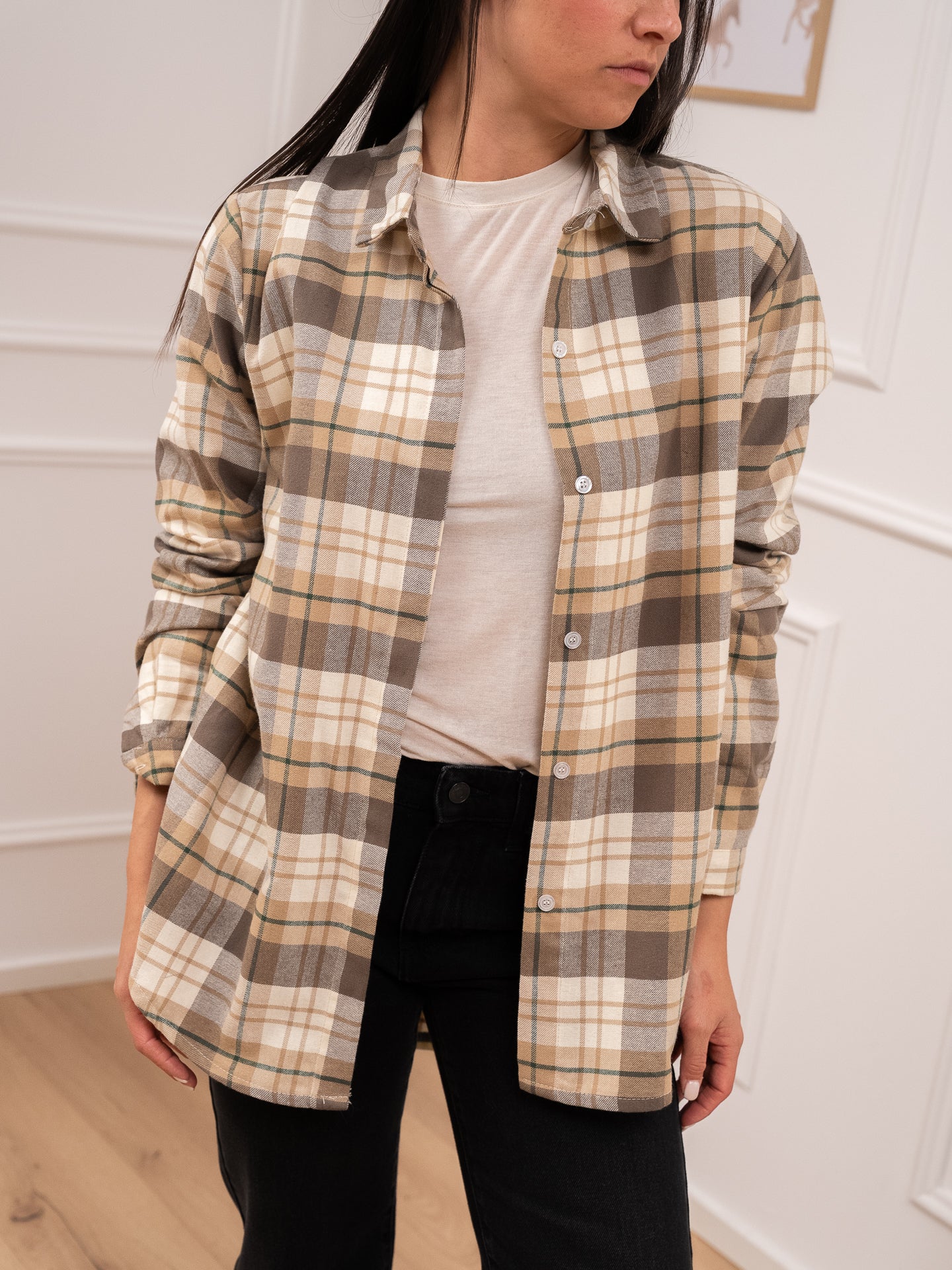 Camicia basic check beige, panna e verde in flanella - HaveOne