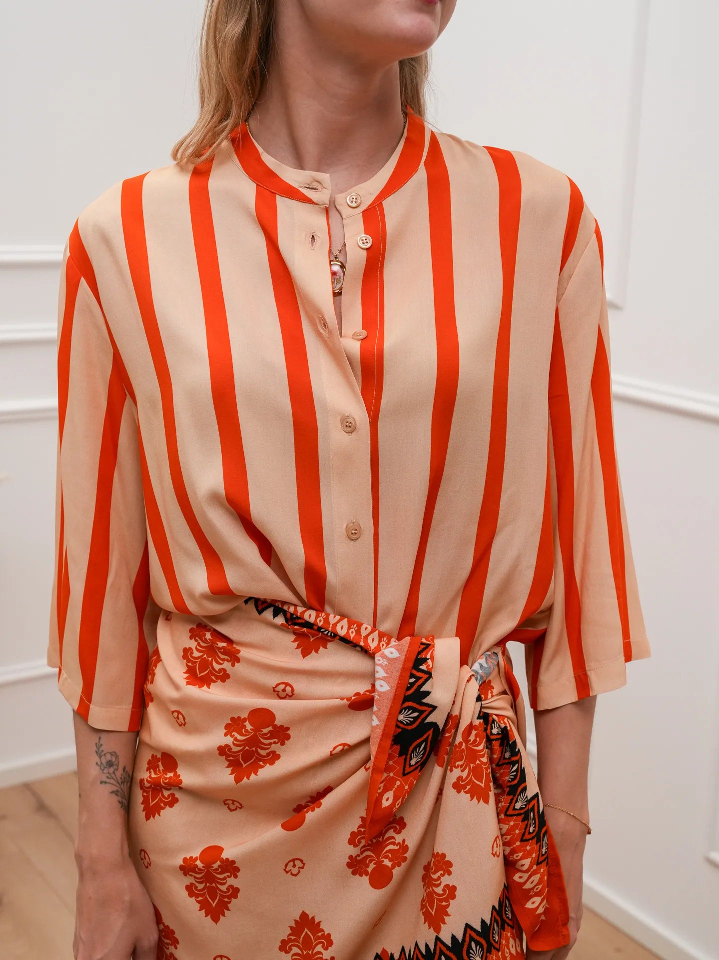 Camicia coreana rigata beige e arancio - Dixie